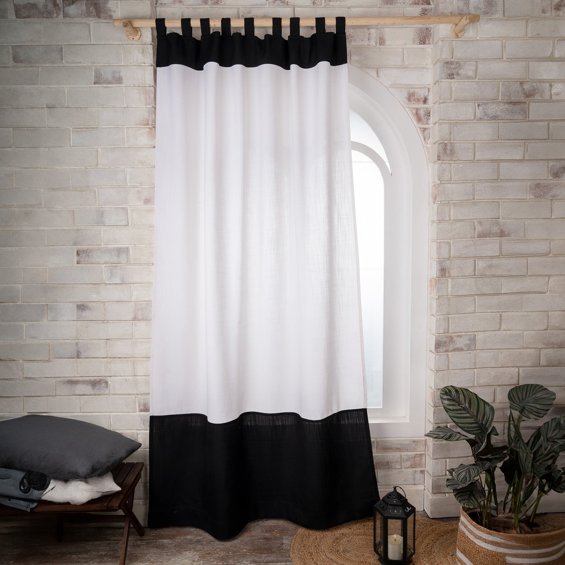 White & Black Faux Linen Color Block Curtains | 1 Panel