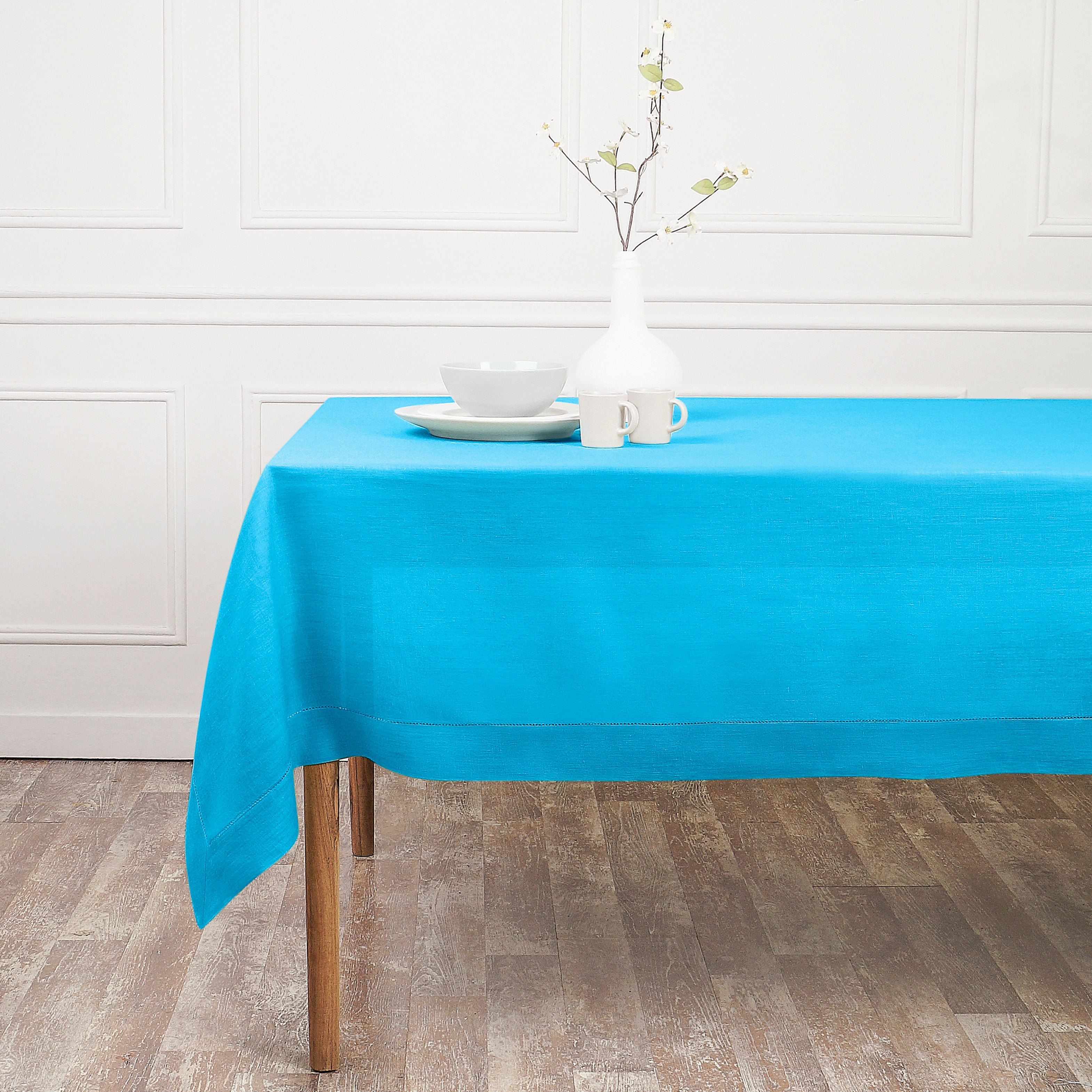 Cyan Blue Linen Tablecloth, Hemstitch