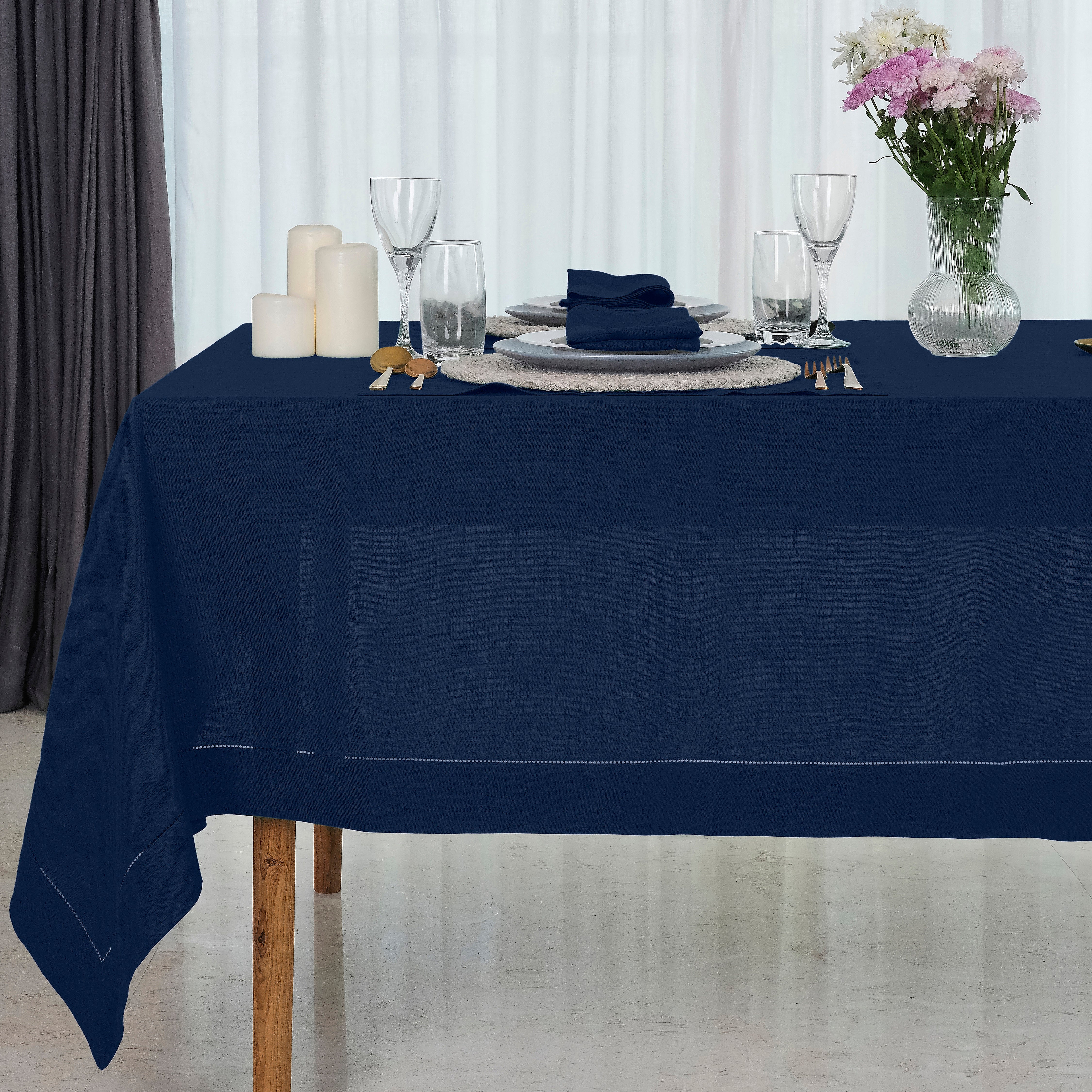 Navy Blue Linen Tablecloth, Hemstitch