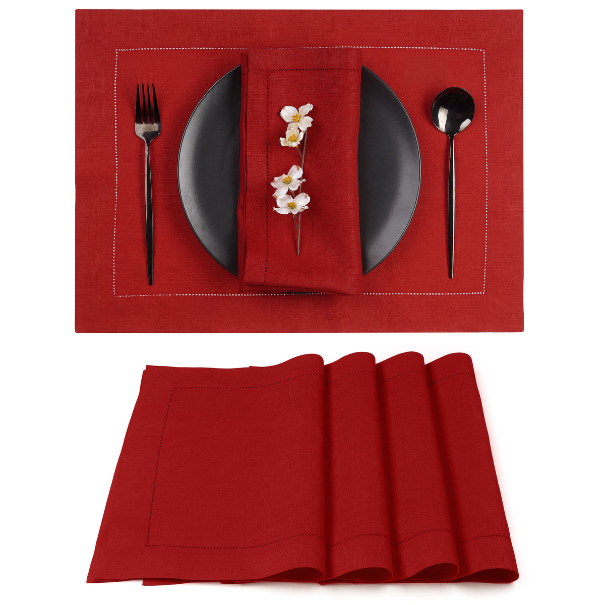 Red Linen Placemats 14 x 19 Inch Set of 4 - Hemstitch