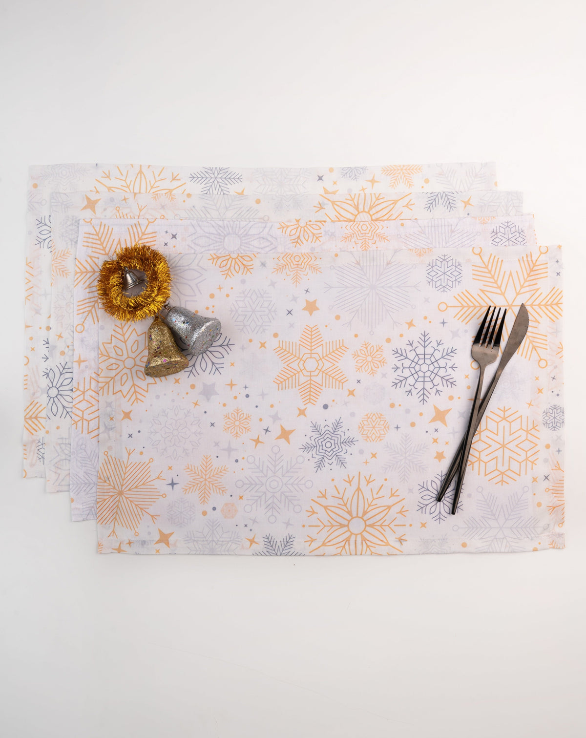 Snowflake Raw Silk Textured Placemats 13 x 18 Inch Set of 4 - Christmas Print