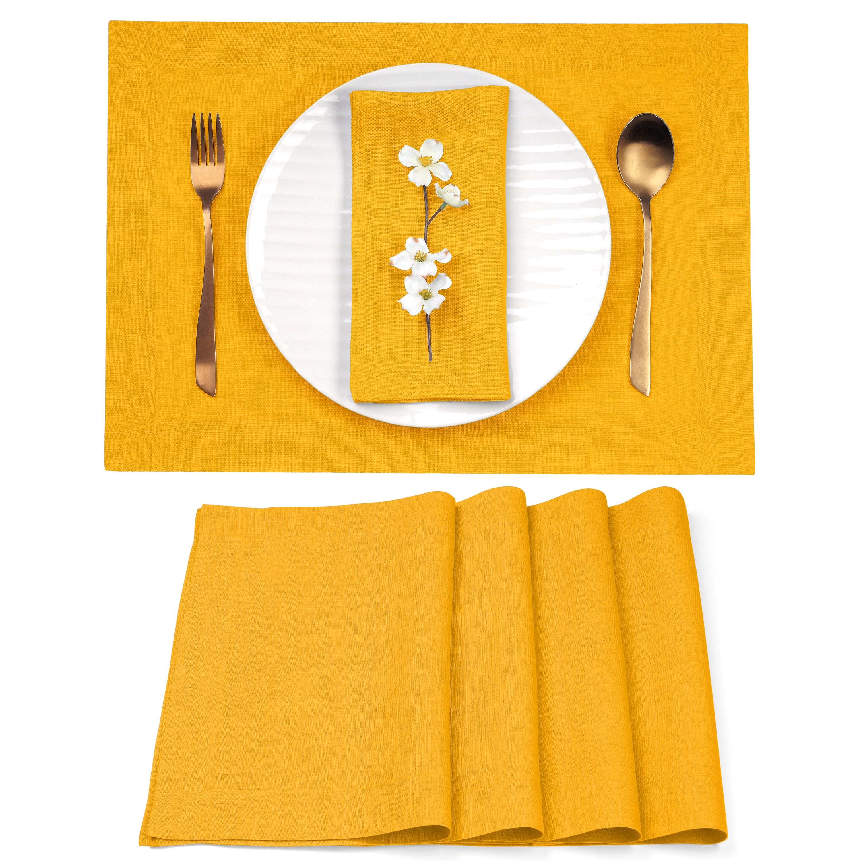 Sunflower Yellow Linen Placemats, Hemmed, 14 x 19 inch, 4 pcs