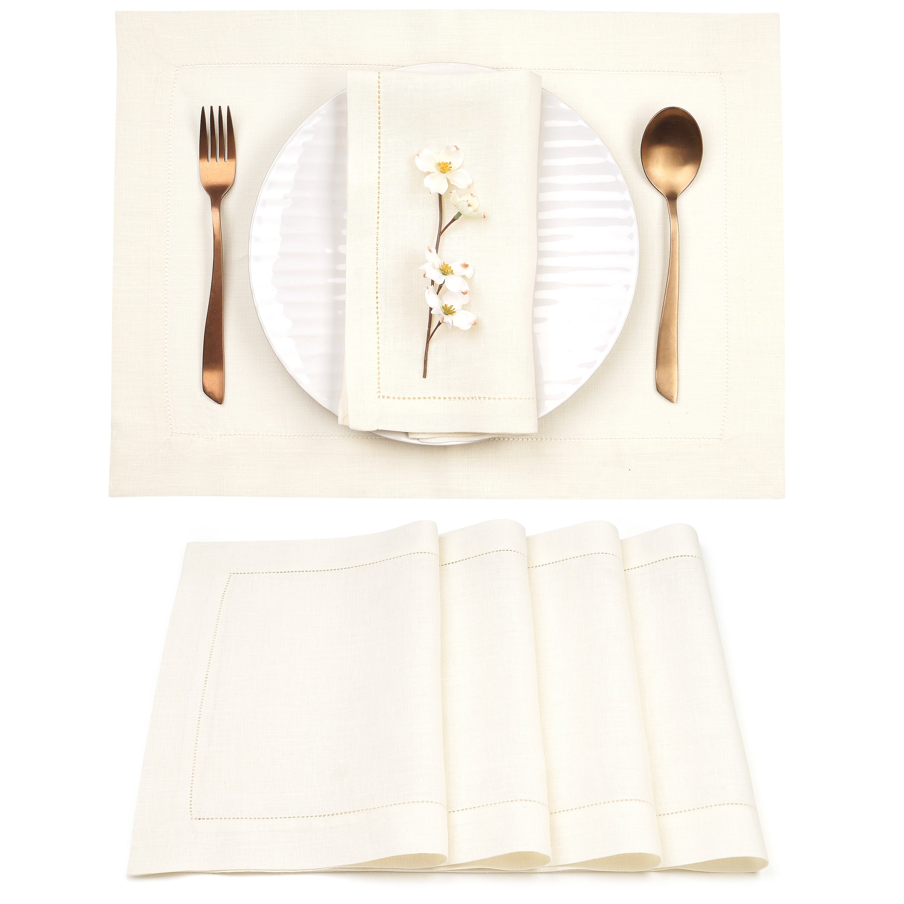 Ivory Linen Placemats, Hemstitch, 14 x 19 inch, 4 pcs