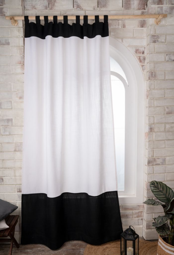White and Black Linen Look Color Block Curtains | 1 Panel
