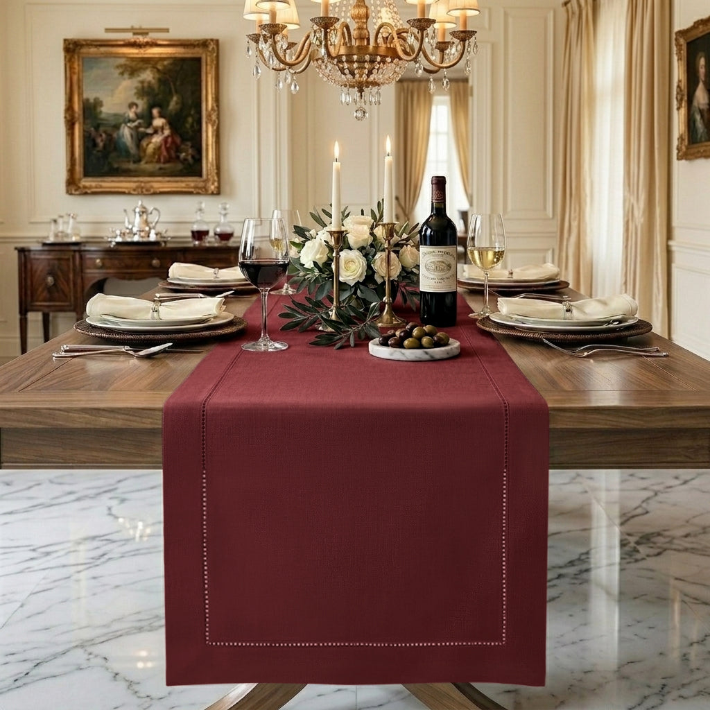 Signature Linen™ Dark Red Table Runner - Hemstitch