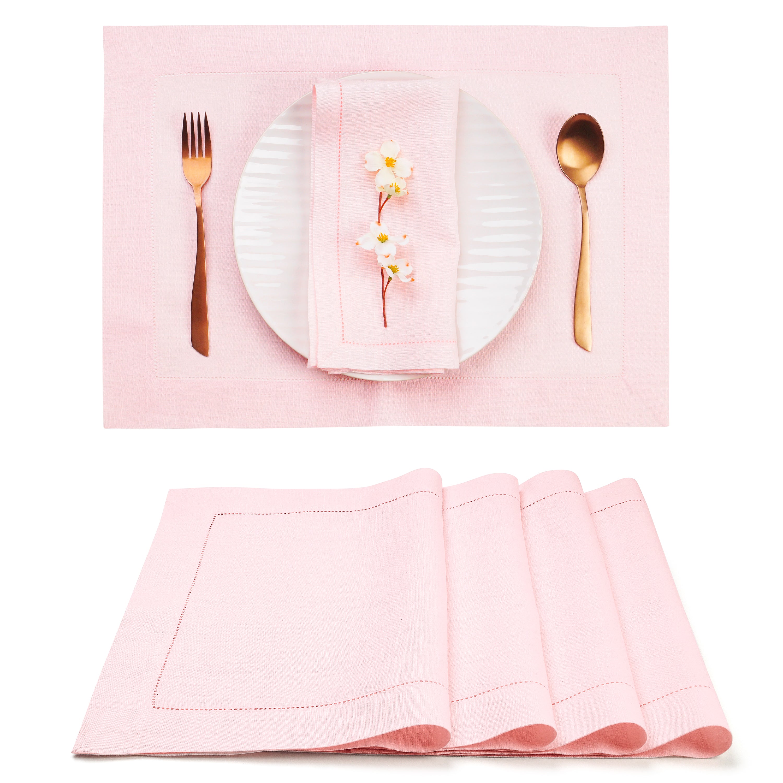 Pastel Pink Linen Placemats, Hemstitch, 14 x 19 inch, 4 pcs