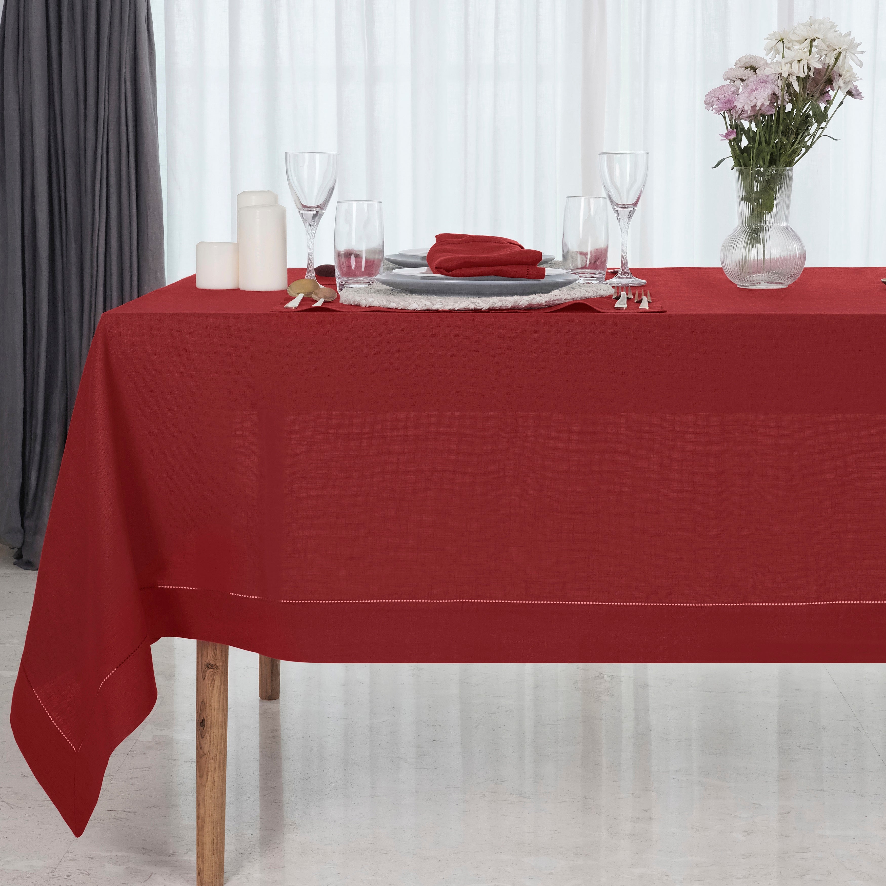 Red Linen Tablecloth, Hemstitch