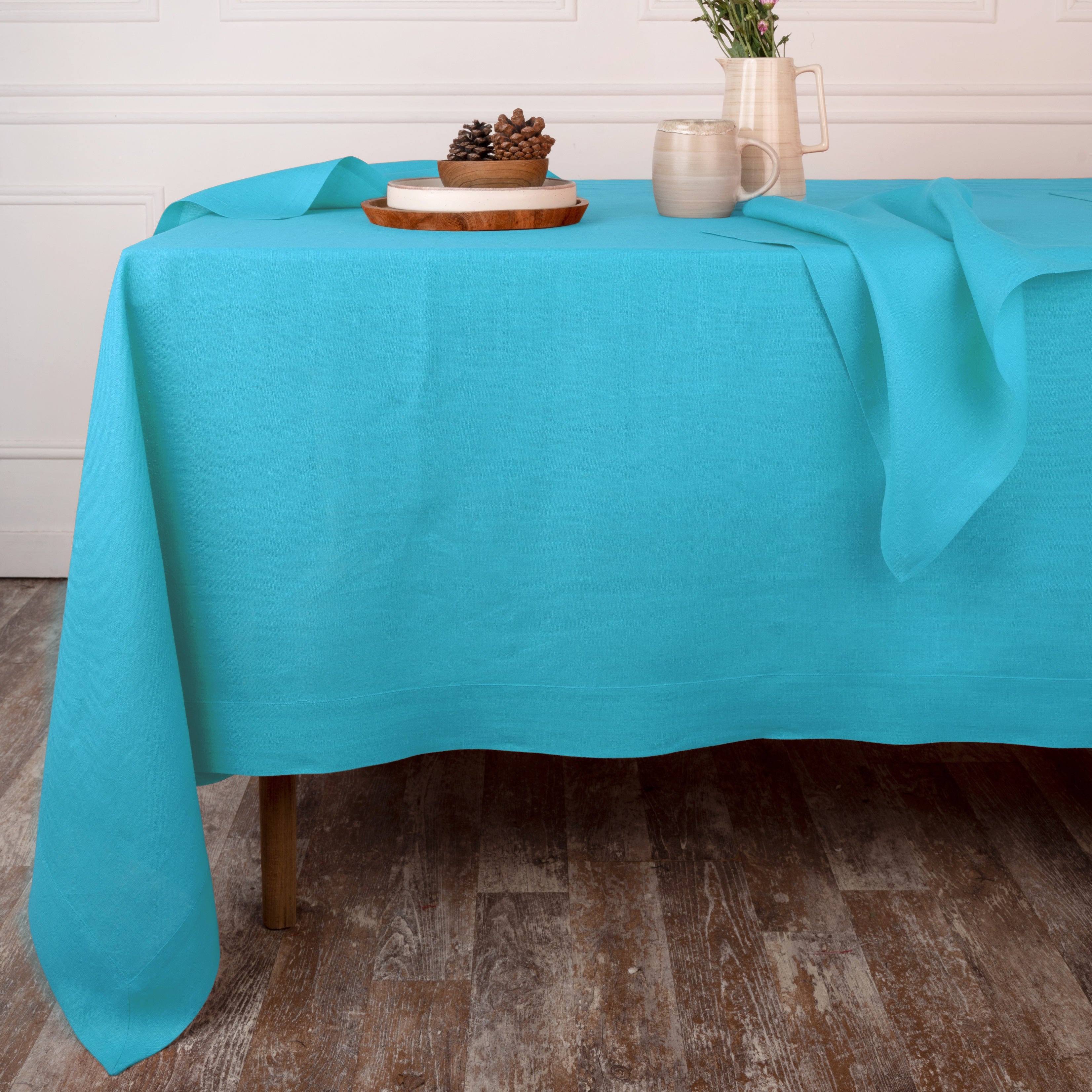 Cyan Blue Linen Tablecloth, Hemmed