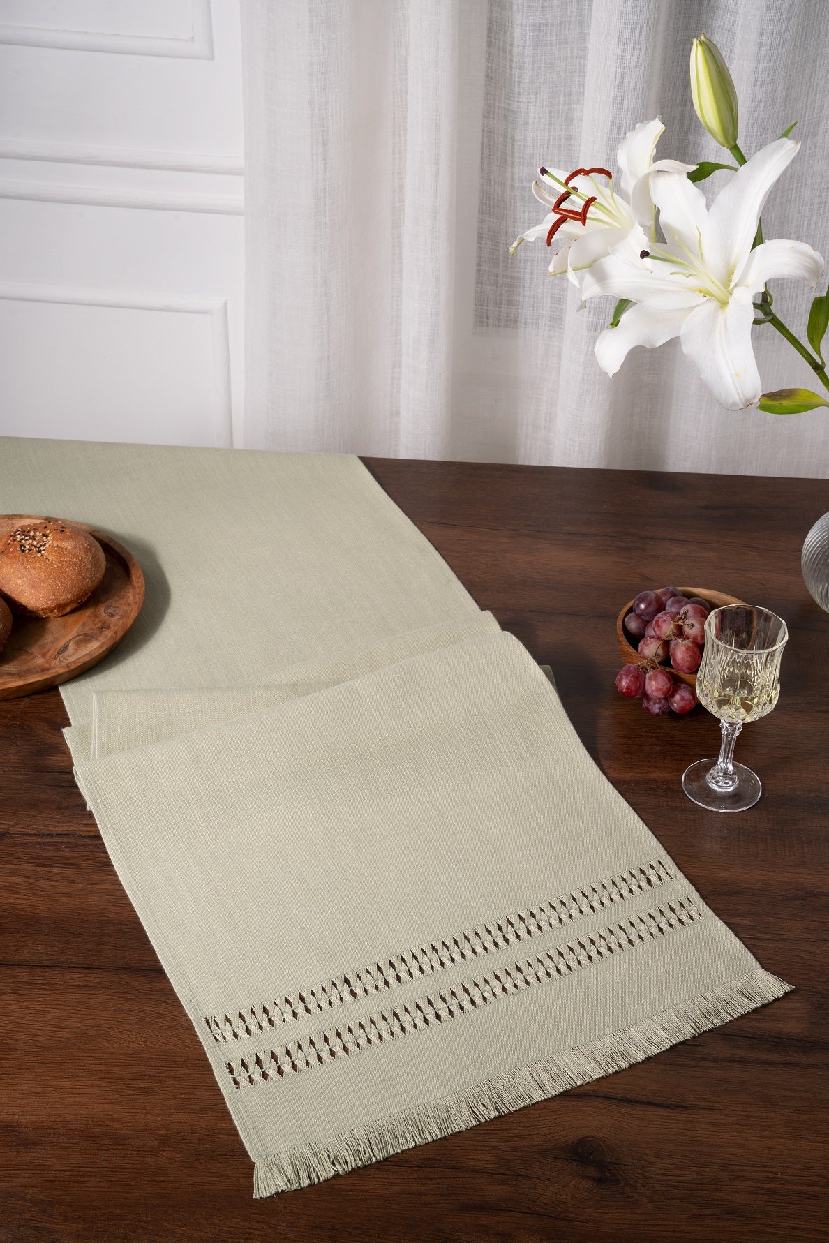 Sage Green Linen Look Recycled Fabric Hand Hemstitch Table Runner