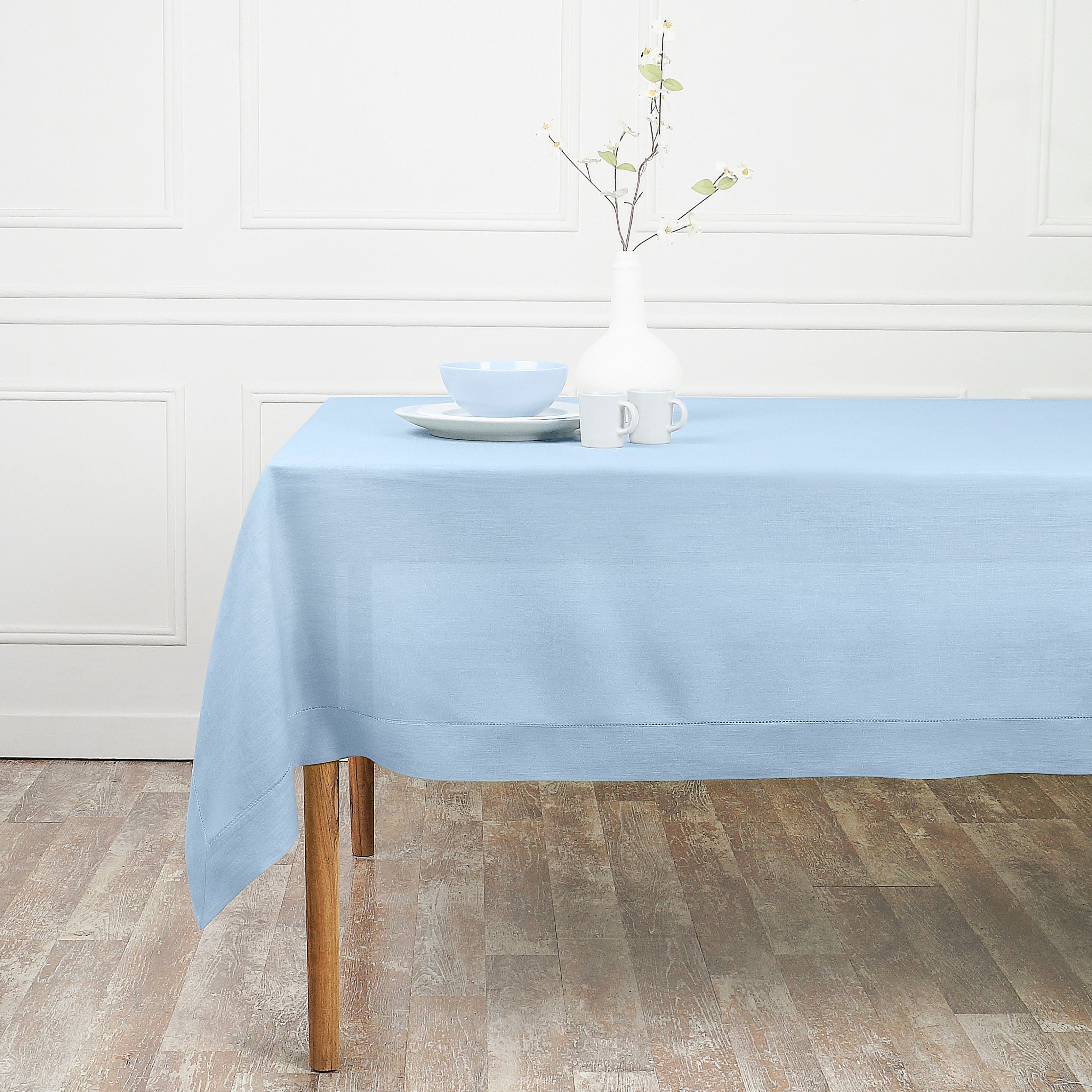 Powder Blue Linen Tablecloth, Hemstitch