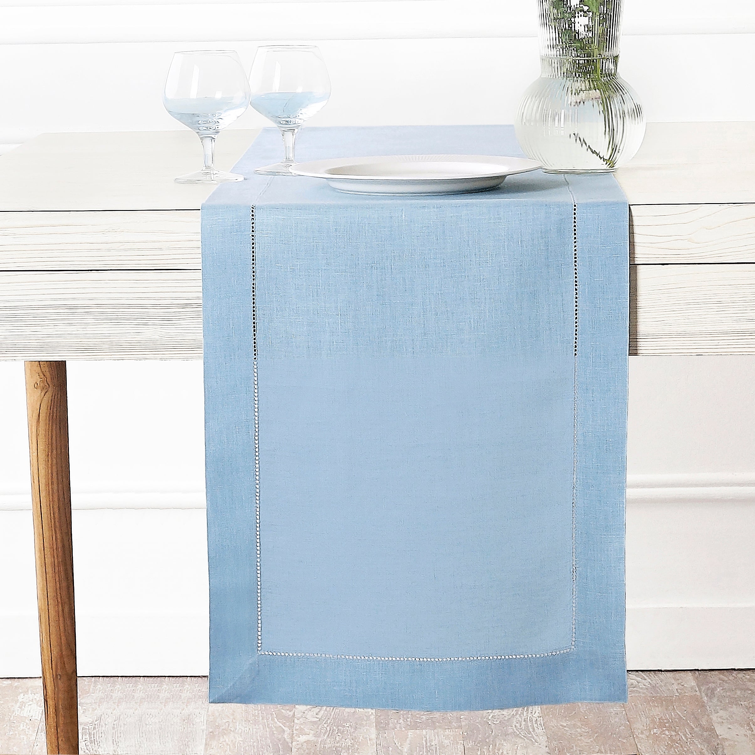 Powder Blue Linen Table Runner, Hemstitch