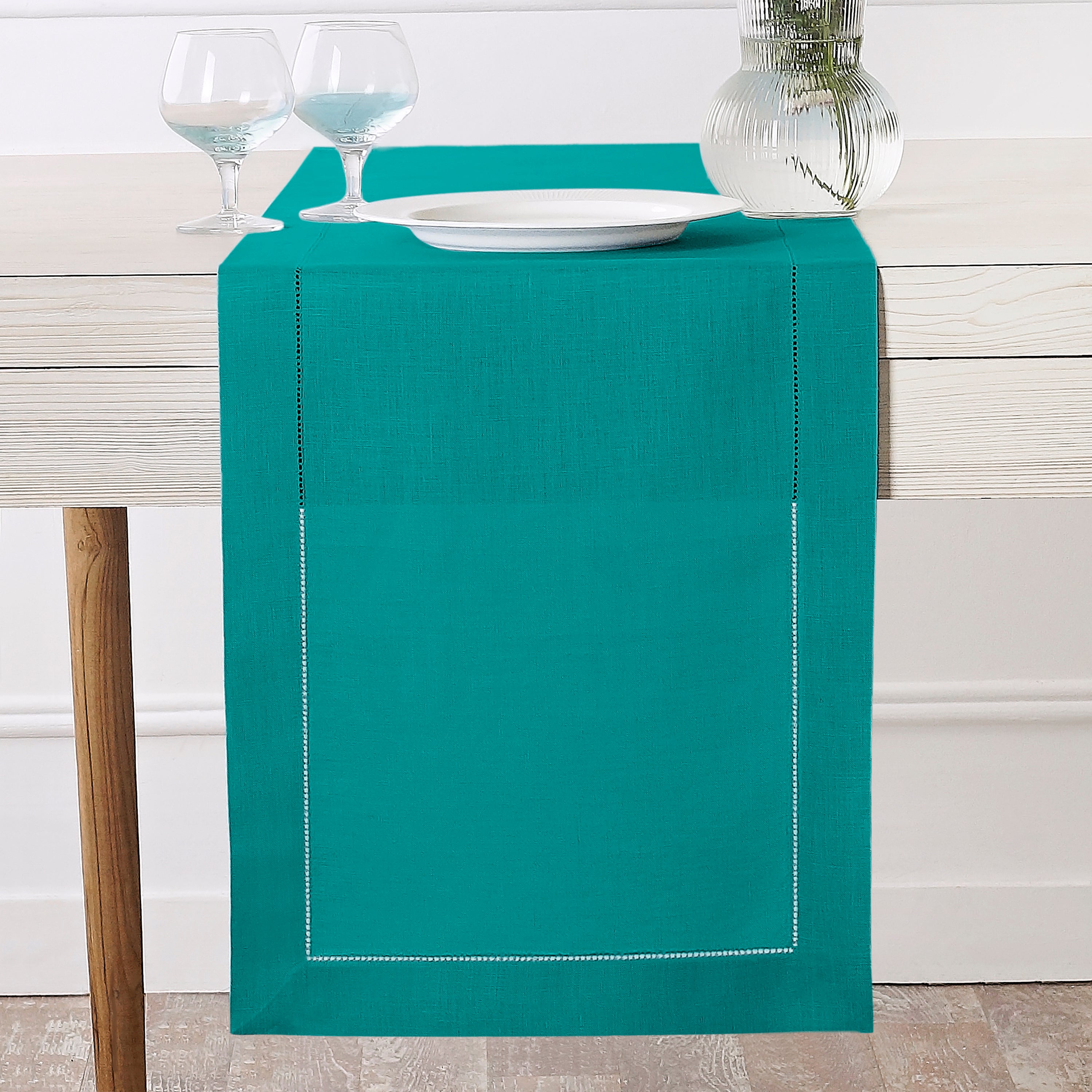 Teal Blue Linen Table Runner, Hemstitch