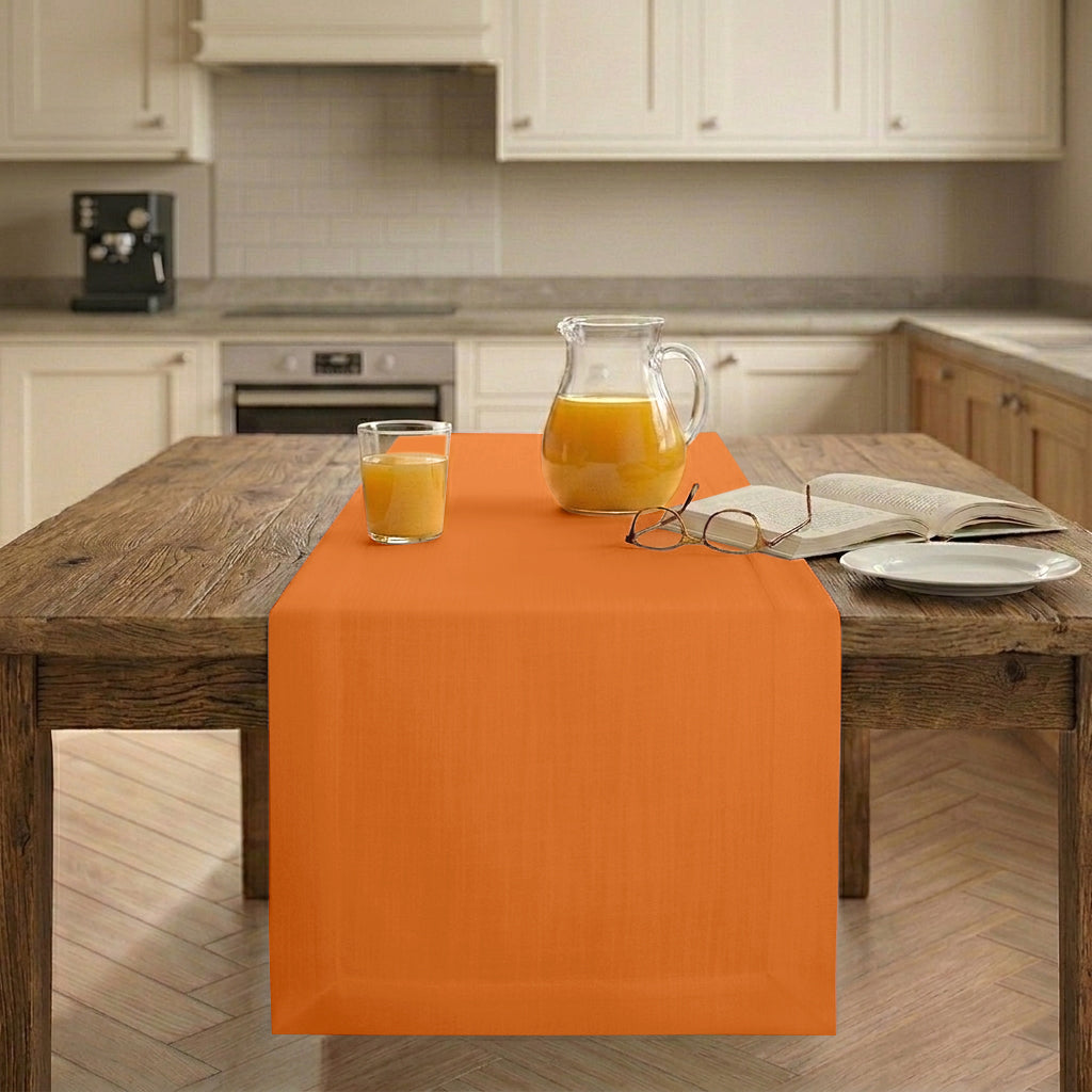 Orange faux linen table runner with mitered corners, 14 x 36 inches