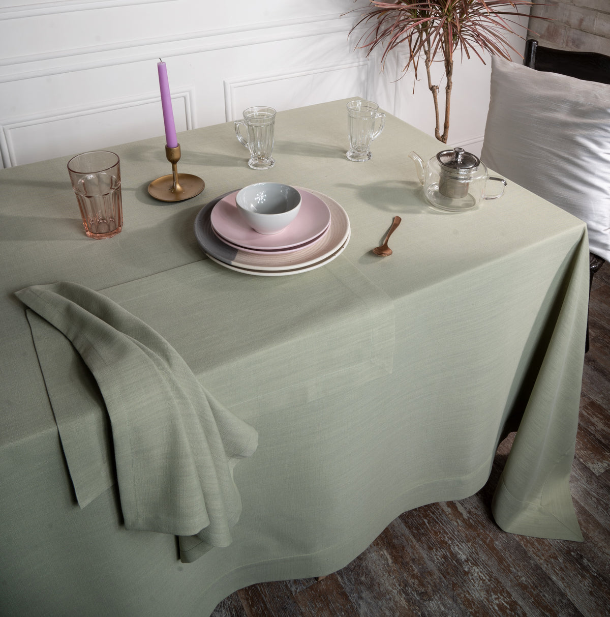 Sage Green Linen Look Recycled Fabric Mitered Corner Tablecloth