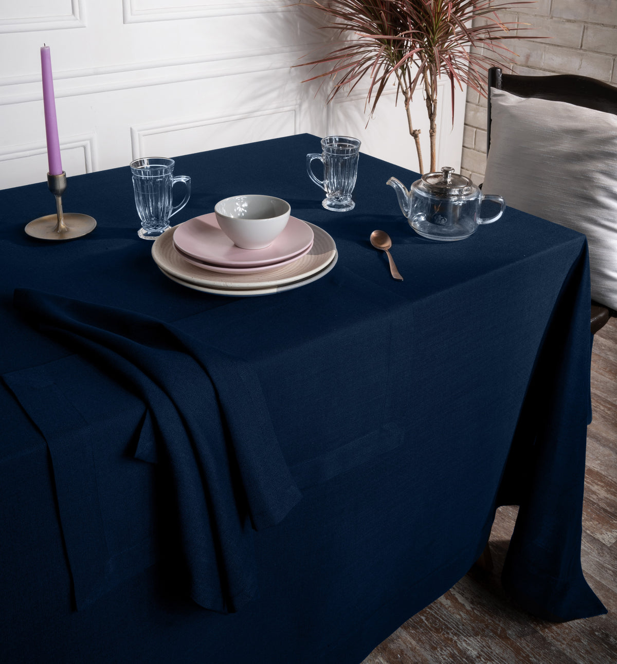 Navy Blue Linen Look Recycled Fabric Mitered Corner Tablecloth