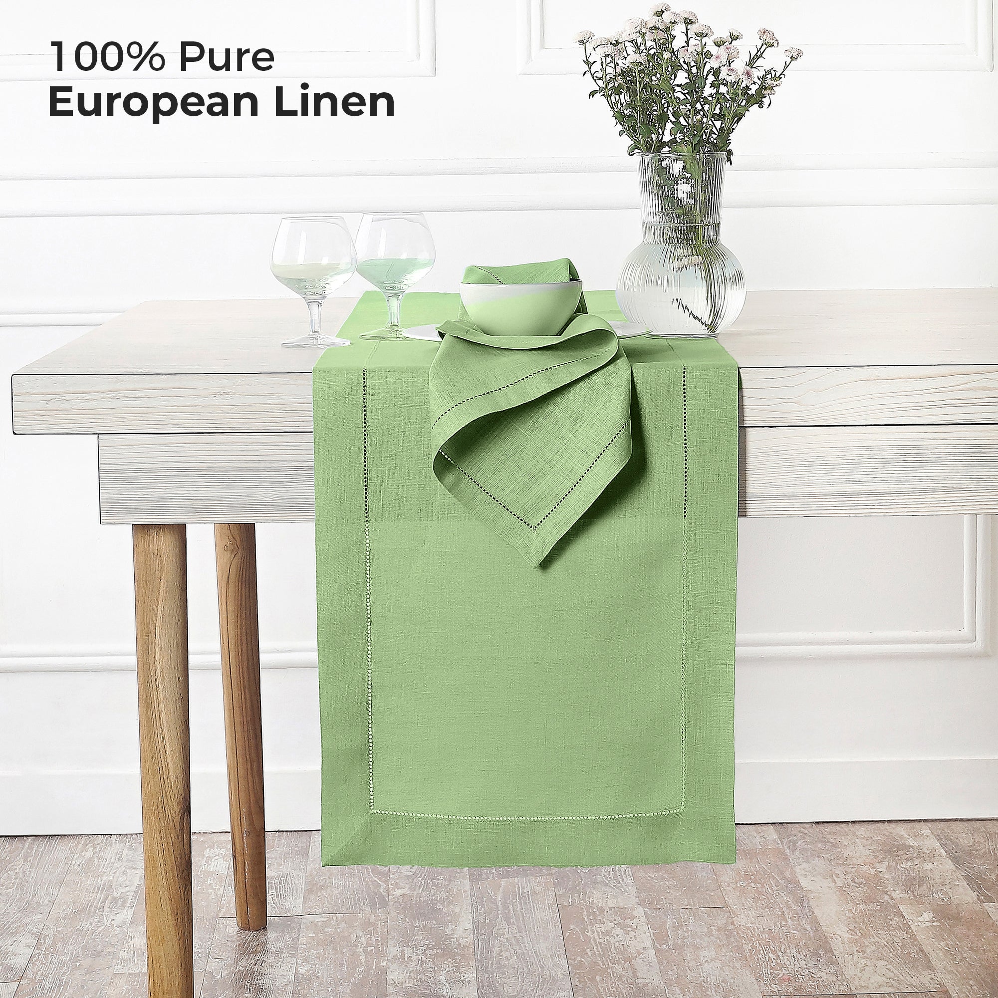 Sage Green Linen Table Runner, Hemstitch