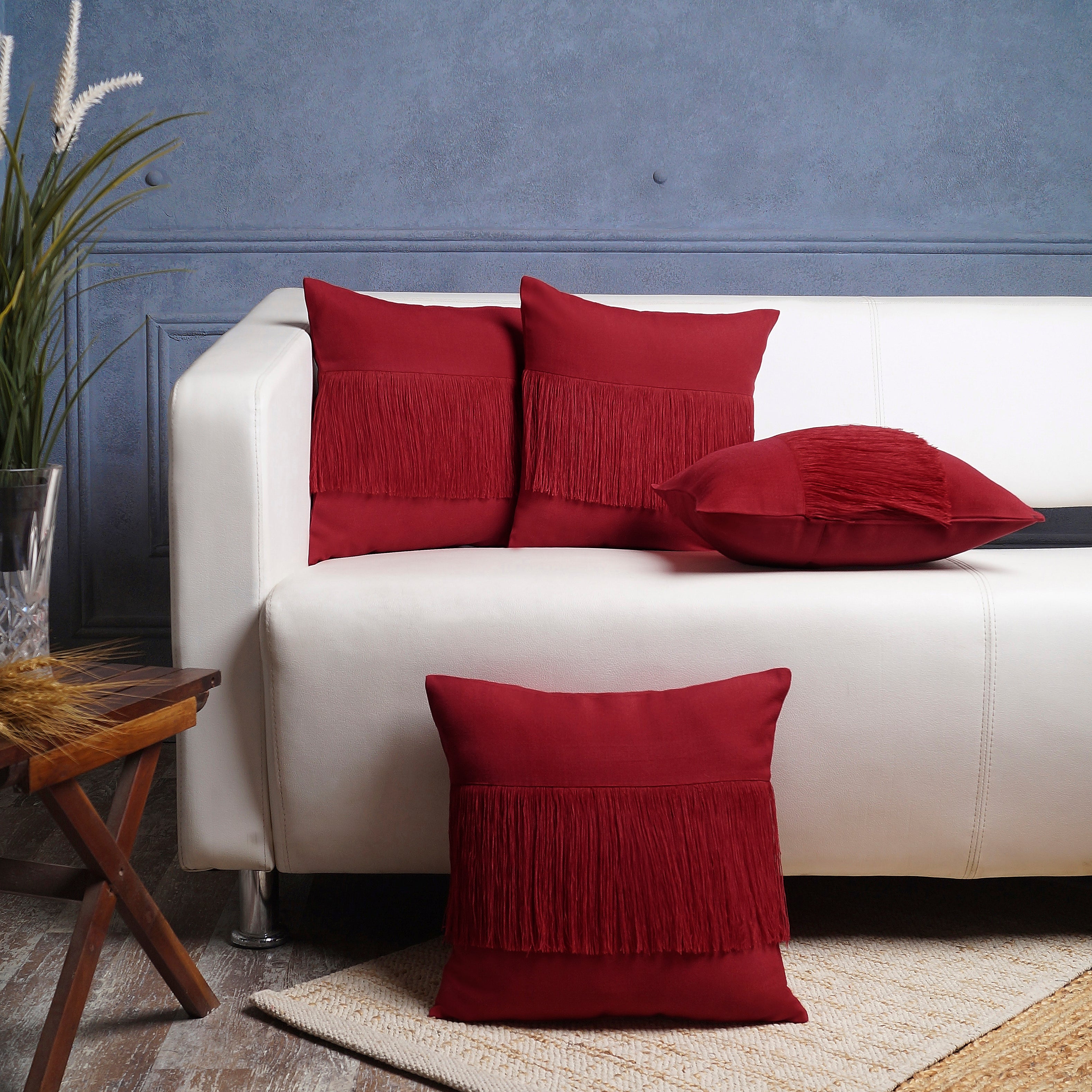 Bohemian Central Fringe Pillow Cover - Red