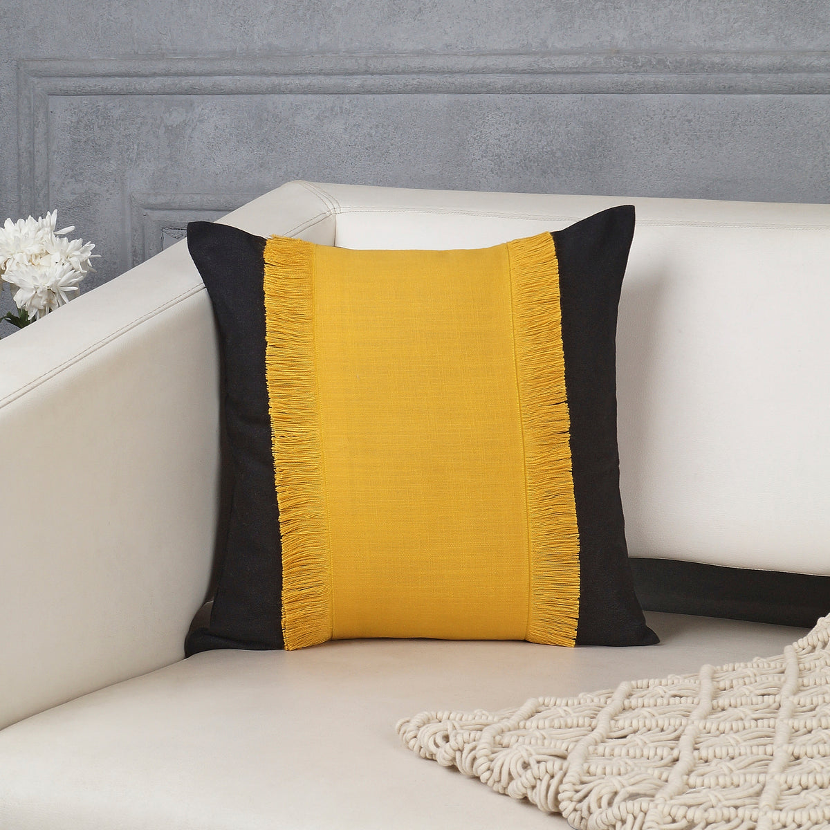 Bohemian Double Fringe Pillow Cover - Black and Mustard
