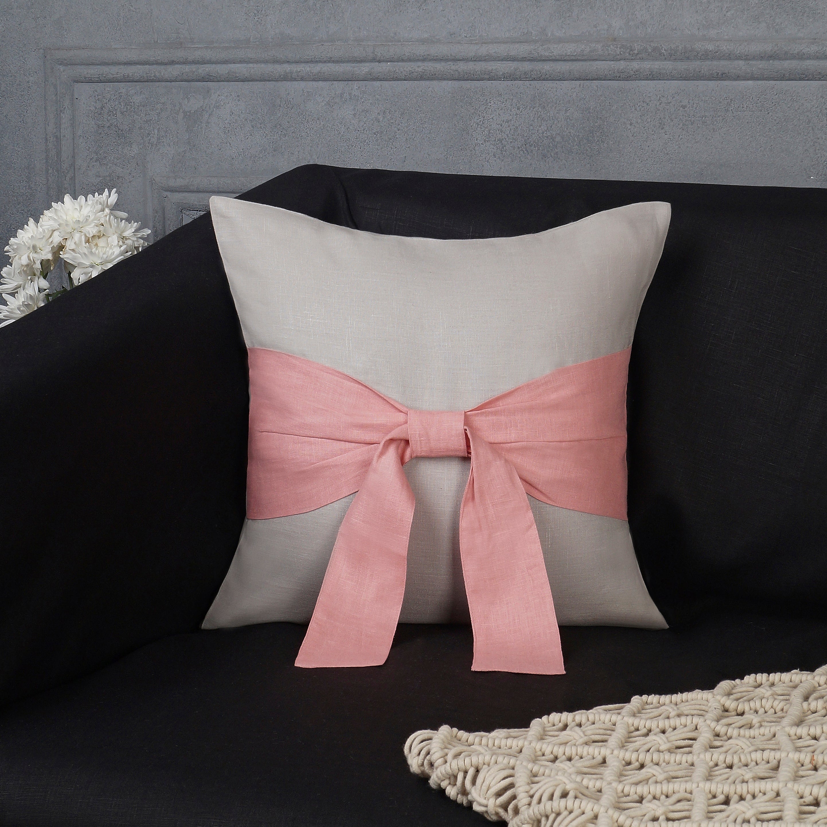 Bow Bliss Linen Pillow Cover - Silver Grey and Dusty Pink