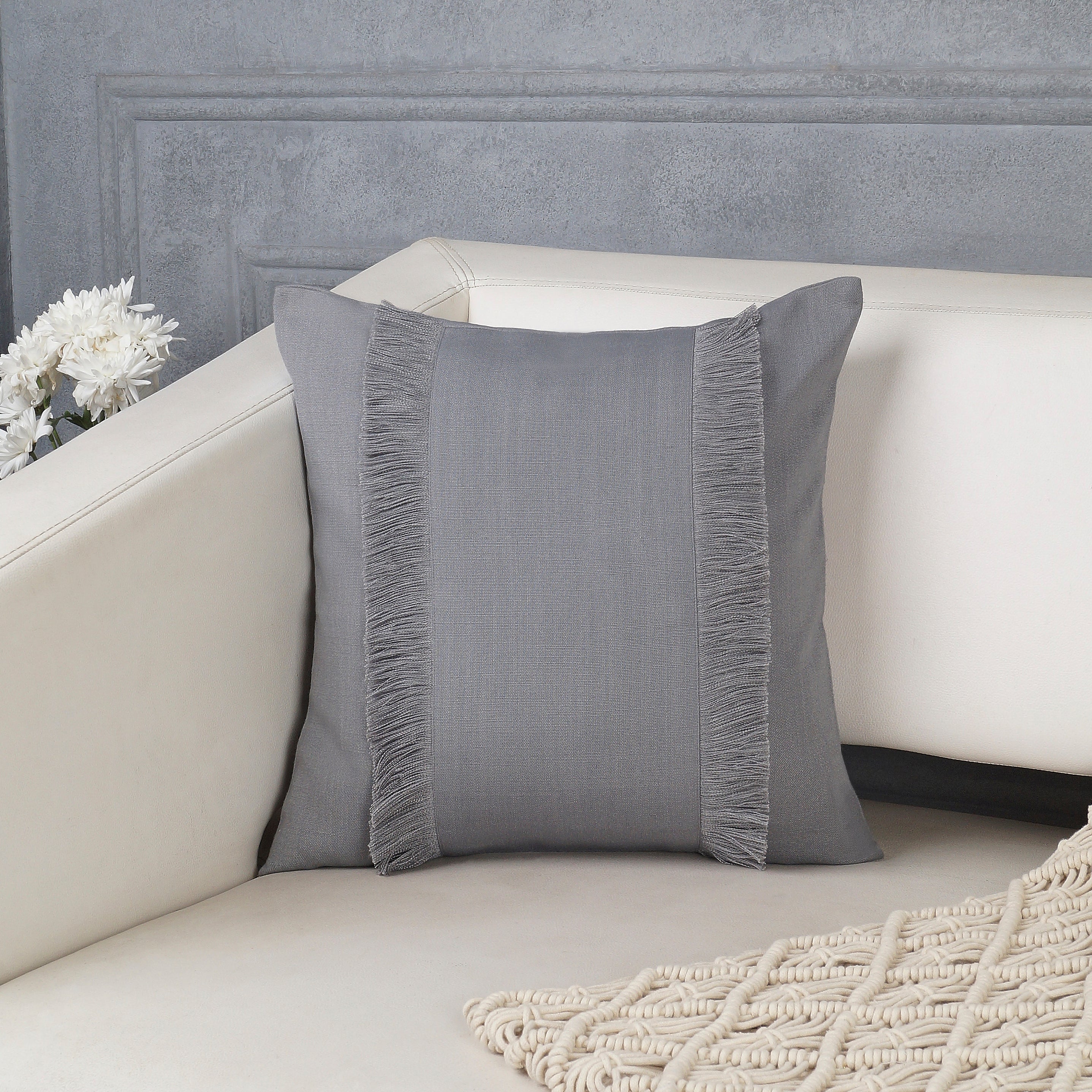 Bohemian Double Fringe Pillow Cover - Charcoal Grey