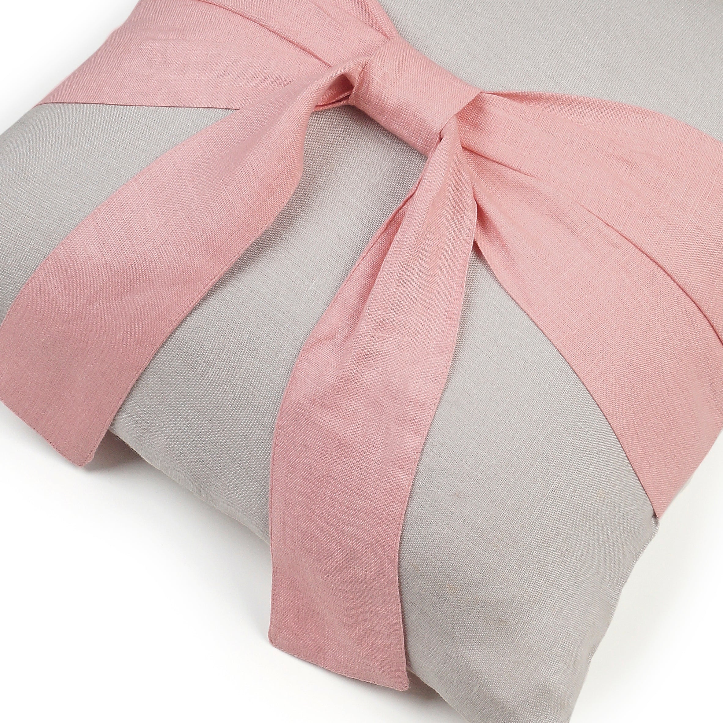 Bow Bliss Linen Pillow Cover - Silver Grey and Dusty Pink