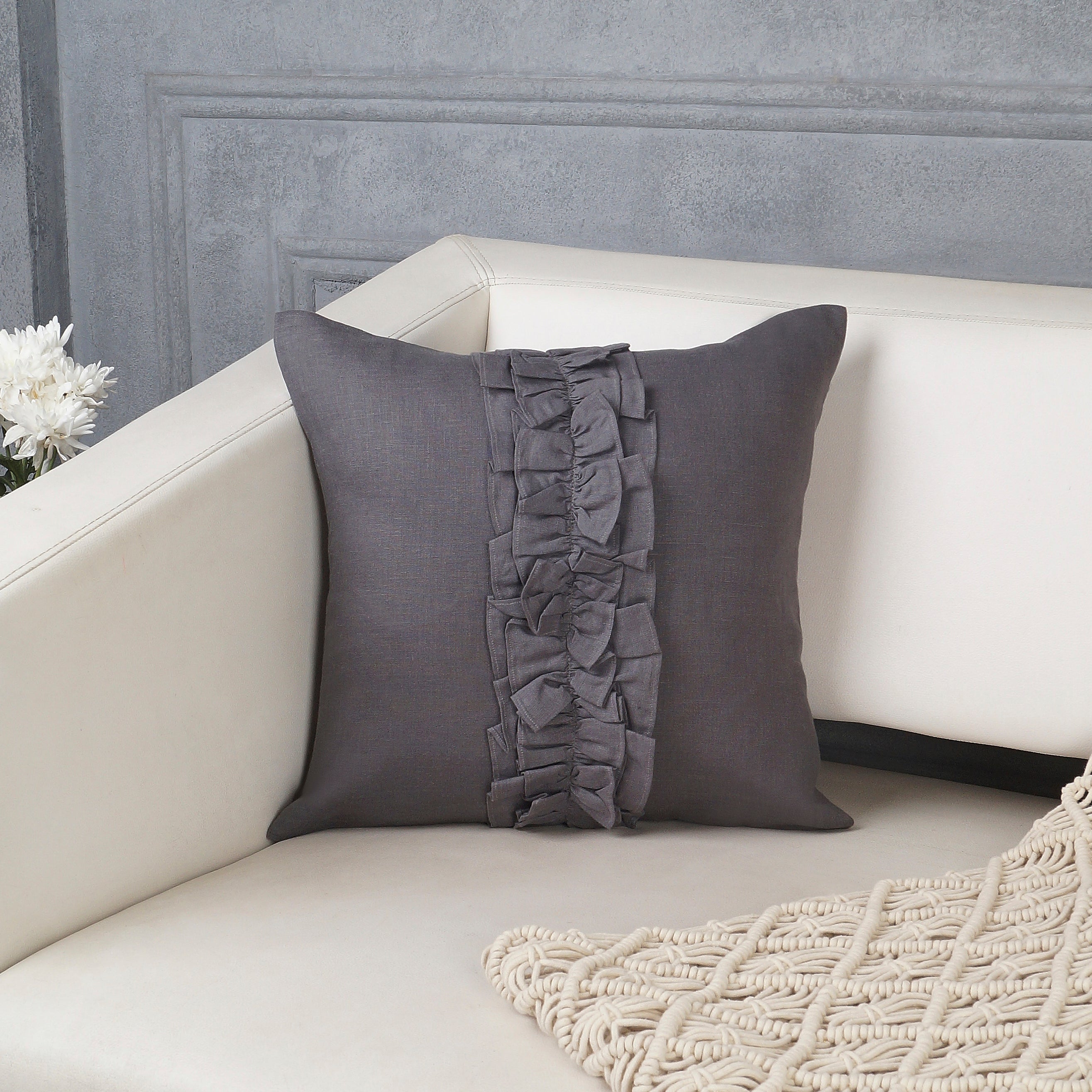 Noir Bloom Linen Pillow Cover - Charcoal Grey