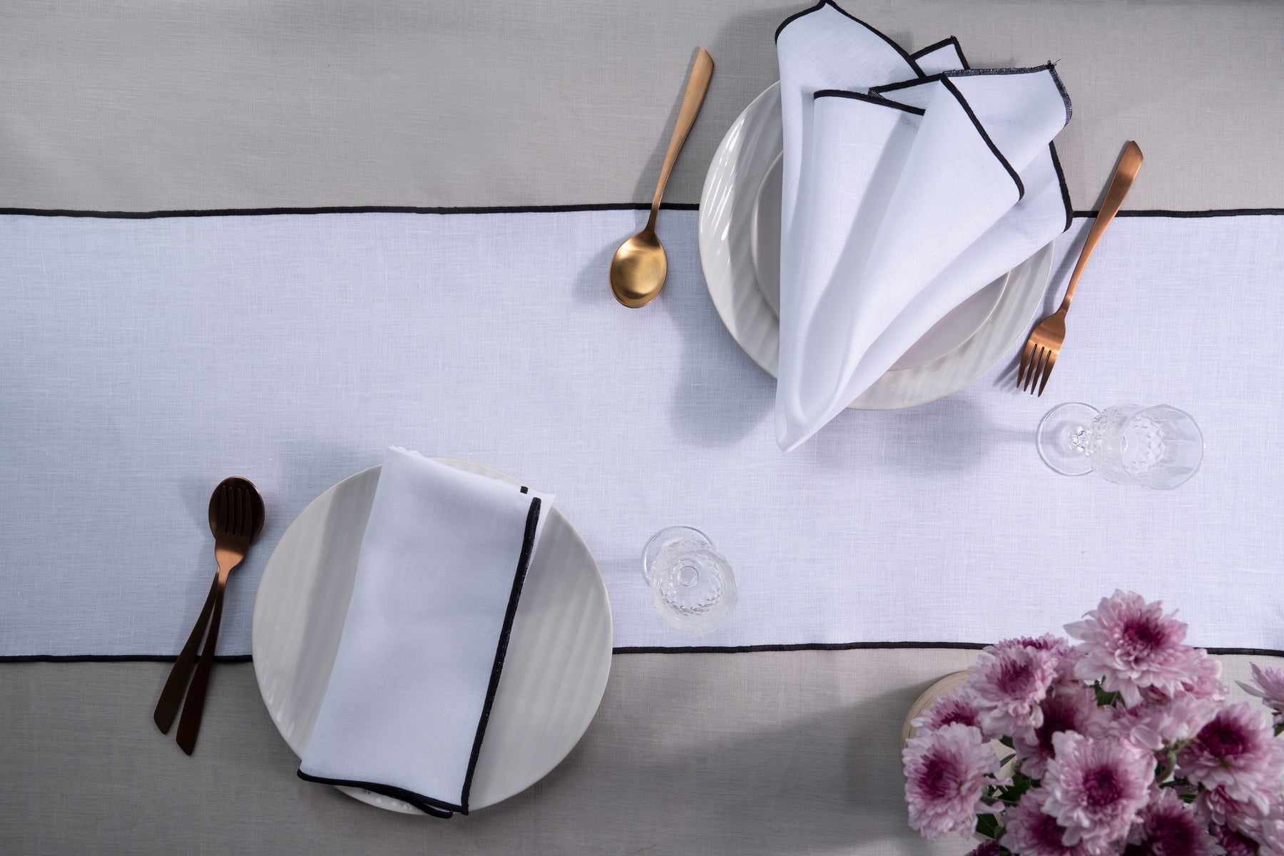 White And Black Marrow Edge Table Runner- 100% Pure Linen