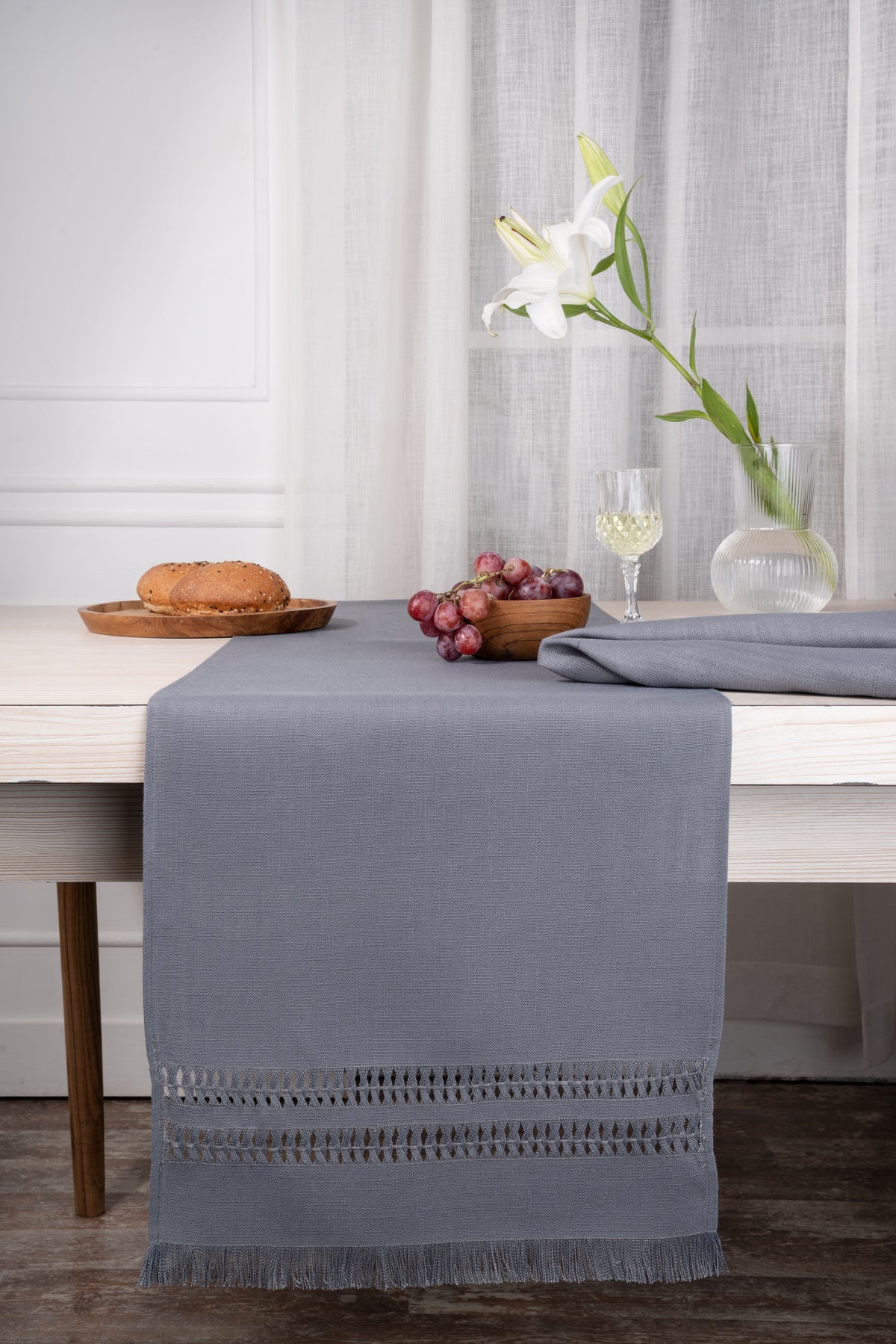 Charcoal Grey Textured Table Runner - Hand Hemstitch