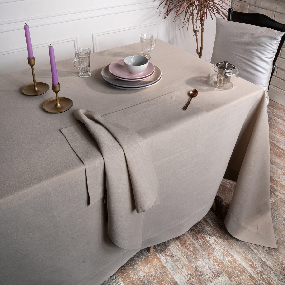 Natural Faux Linen Tablecloth - Mitered Corner