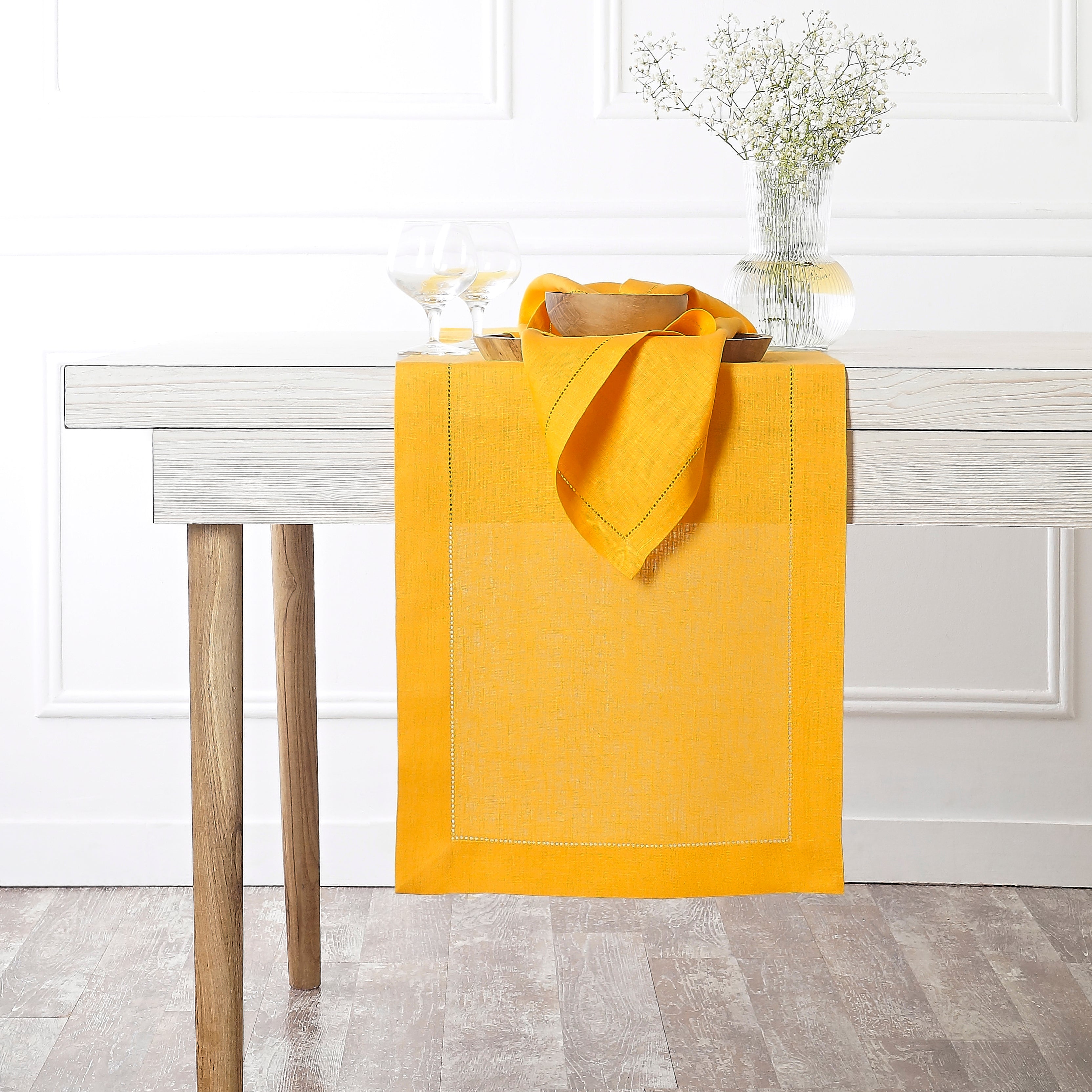 Sunflower Yellow Linen Table Runner, Hemstitch