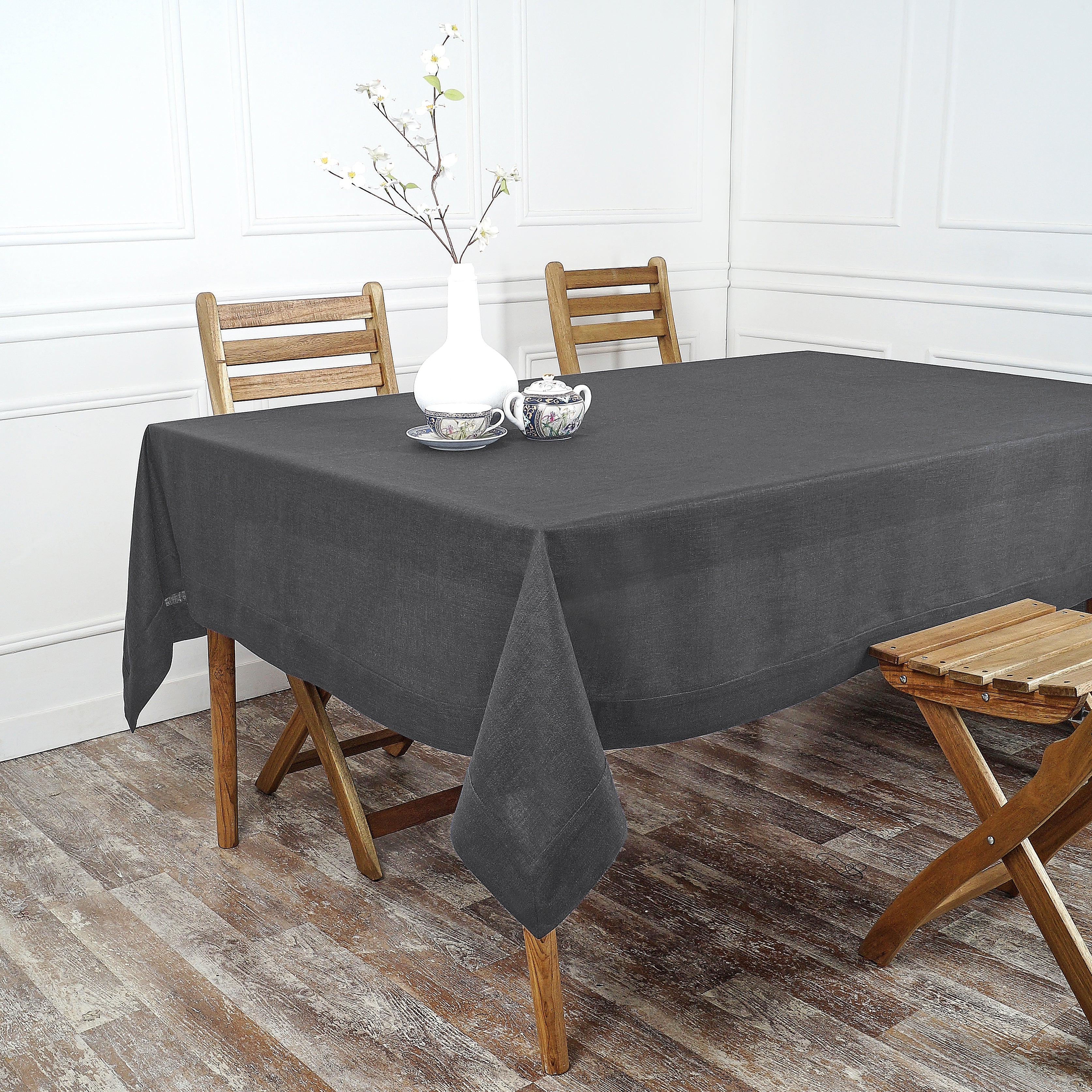 Charcoal  Grey Linen Tablecloth, Hemmed