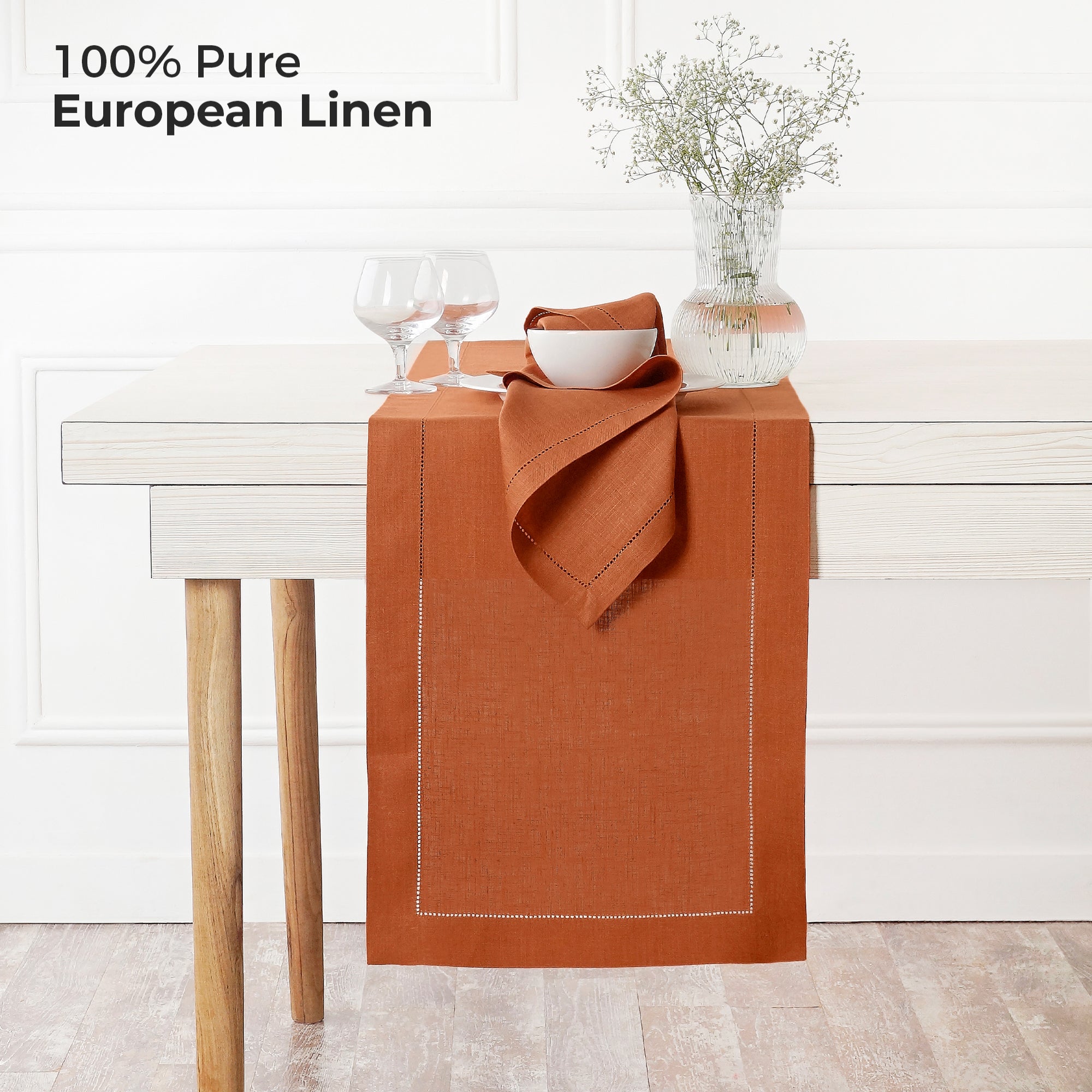 100% Pure Linen Rust Table Runner - Hemstitch