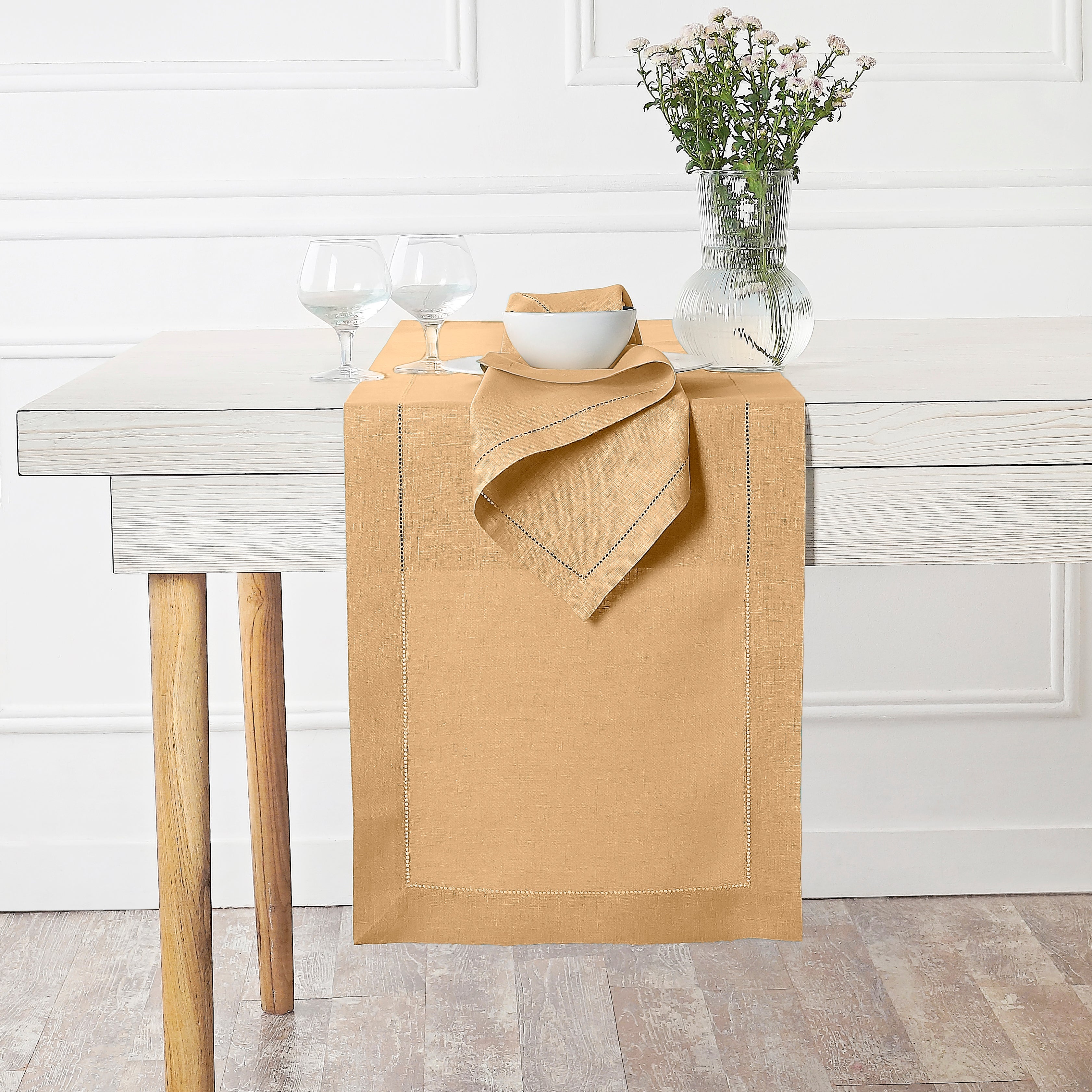 Beige Pure Linen Table Runner - Hemstitch