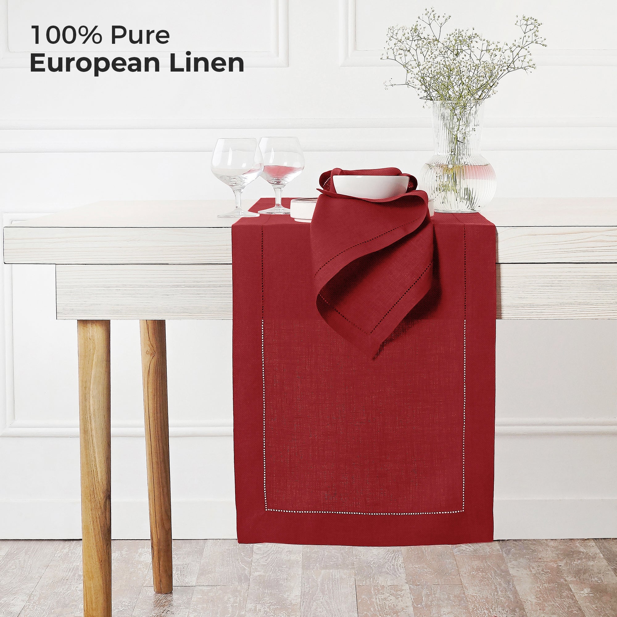 Red Linen Table Runner, Hemstitch