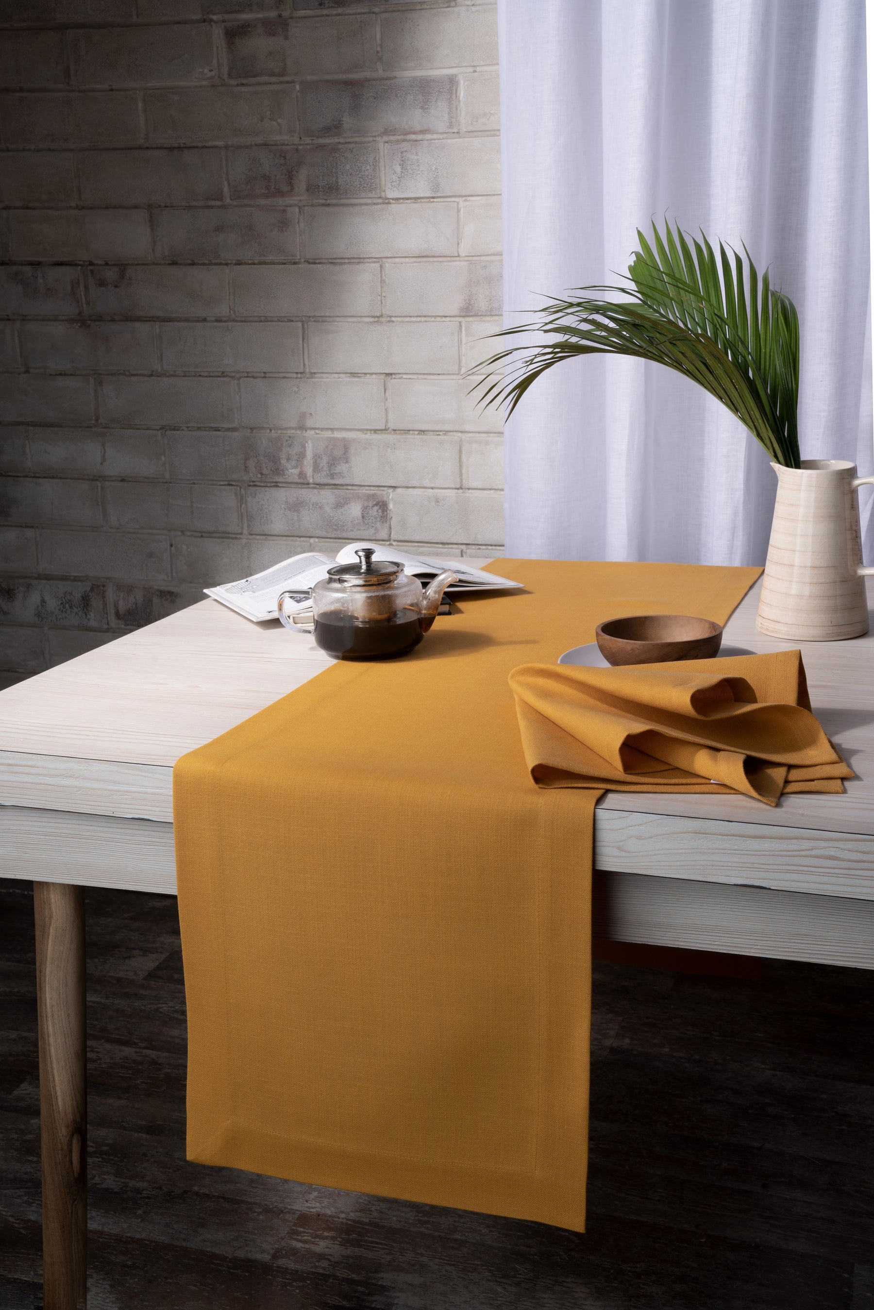 Mustard Linen Look Recycled Fabric Mitered Corner Table Runner