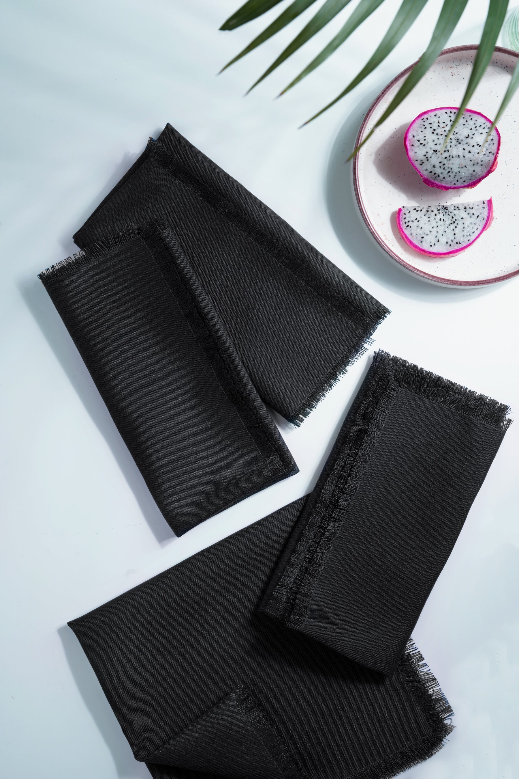 Black Linen Look Recycled Fabric Fringe Dinner Napkins