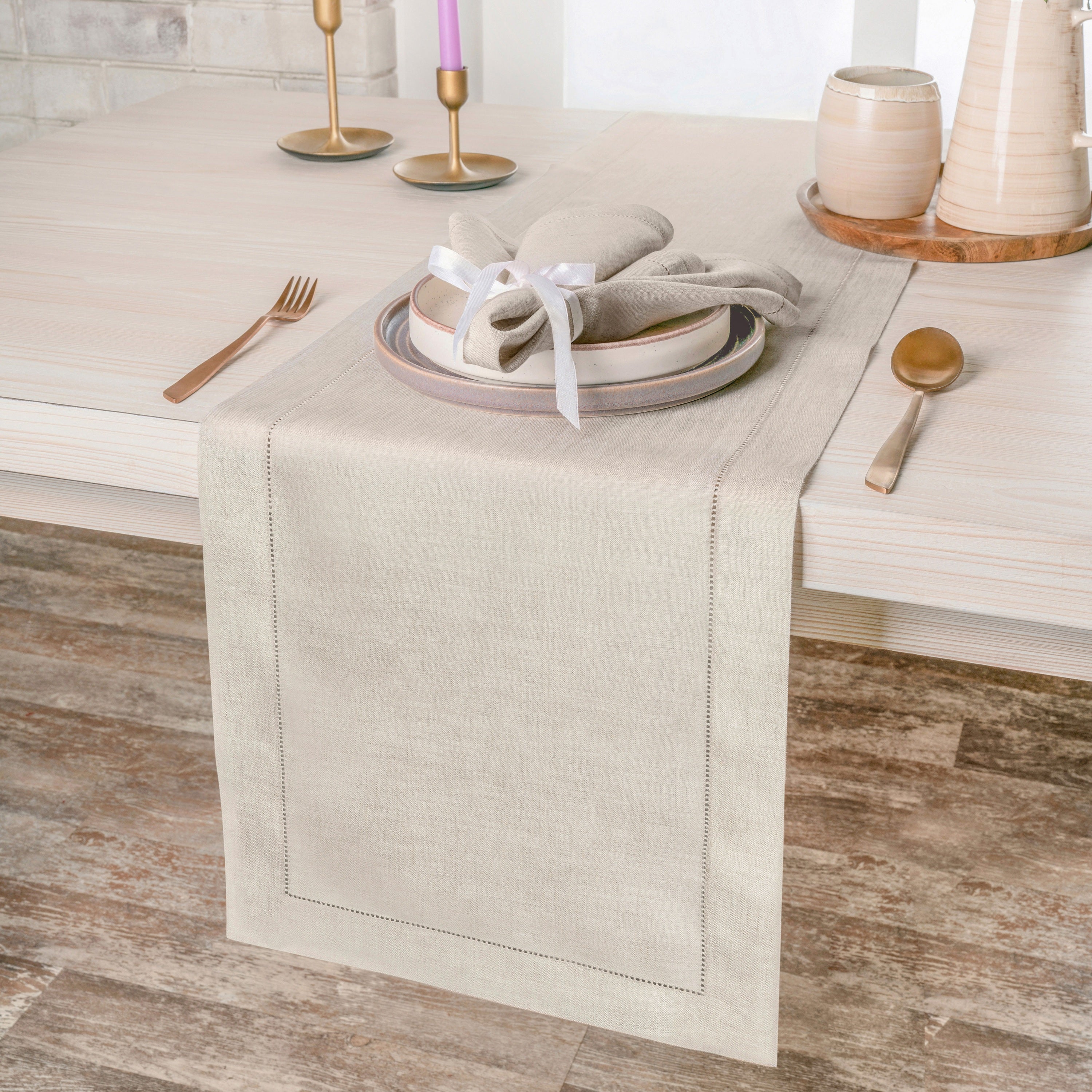 Light Natural Linen Table Runner, Hemstitch
