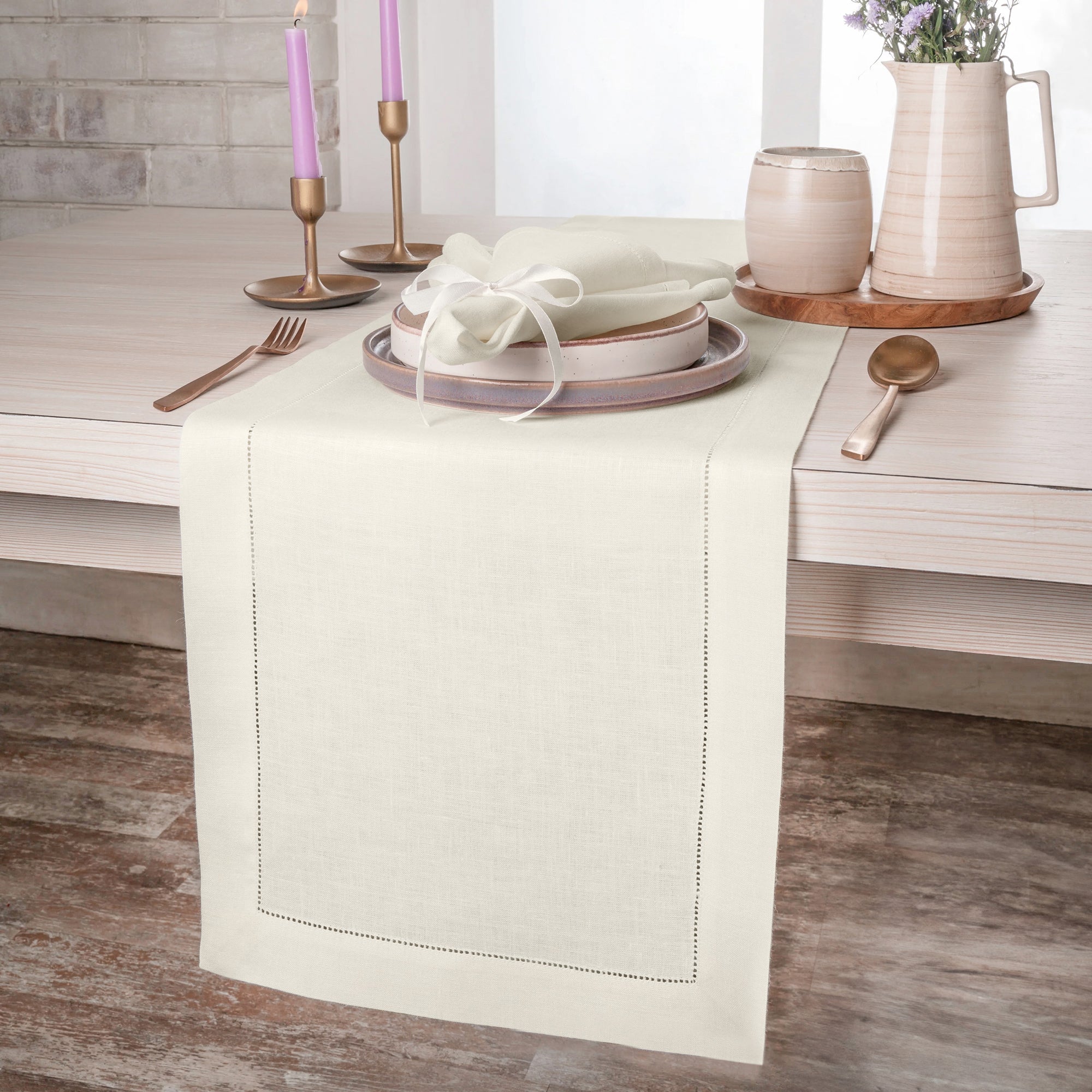Ivory Linen Table Runner, Hemstitch