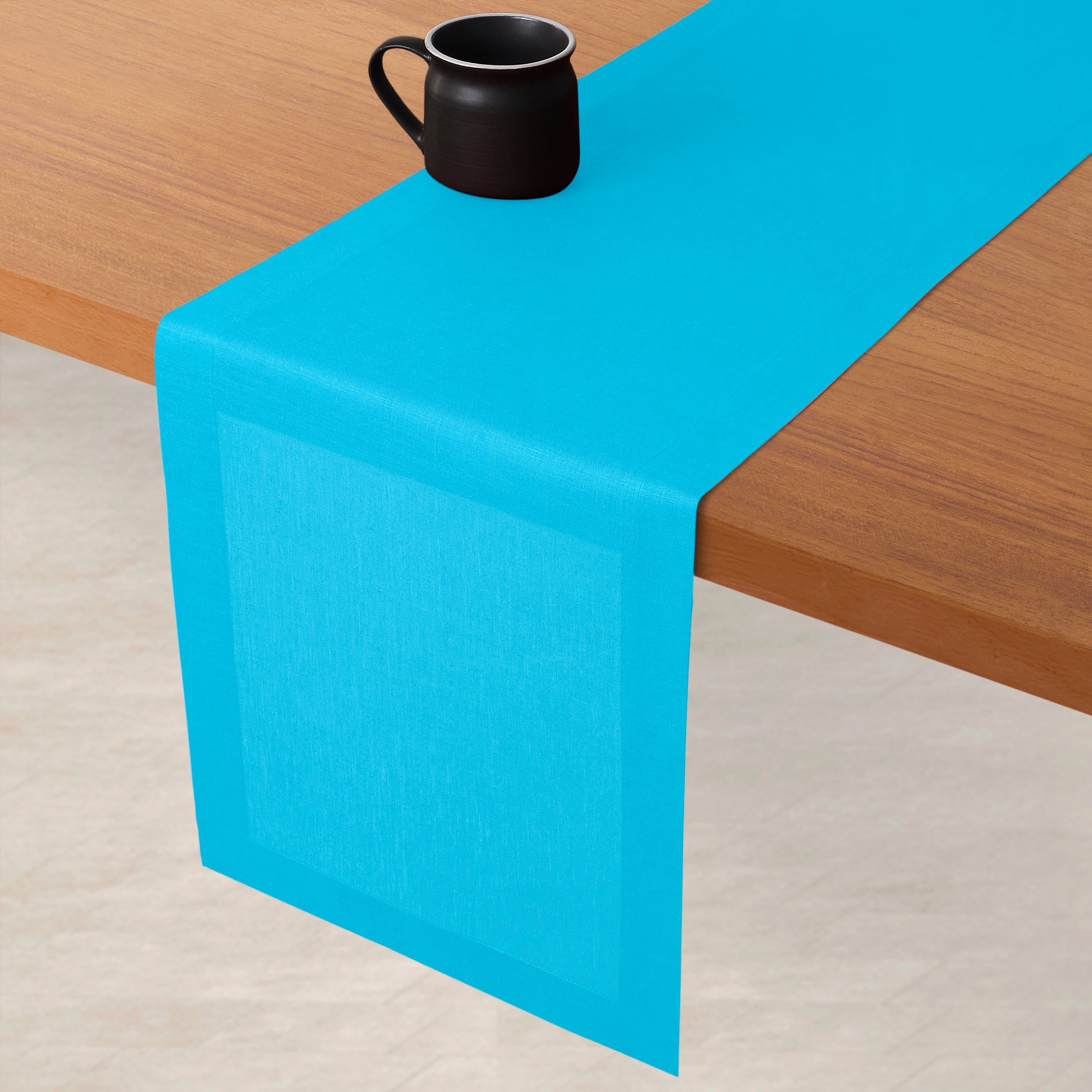 Cyan Blue Linen Table Runner, Hemmed