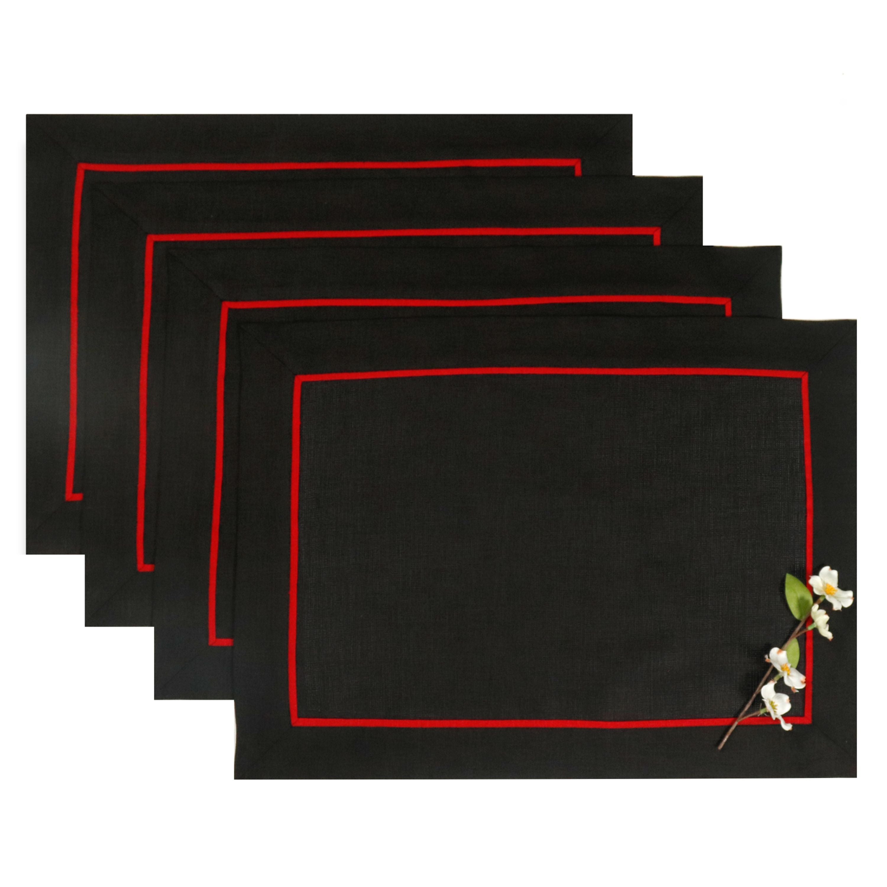 Black and Red Linen Placemats, Reversible, 14 x 19 inch, 4 pcs