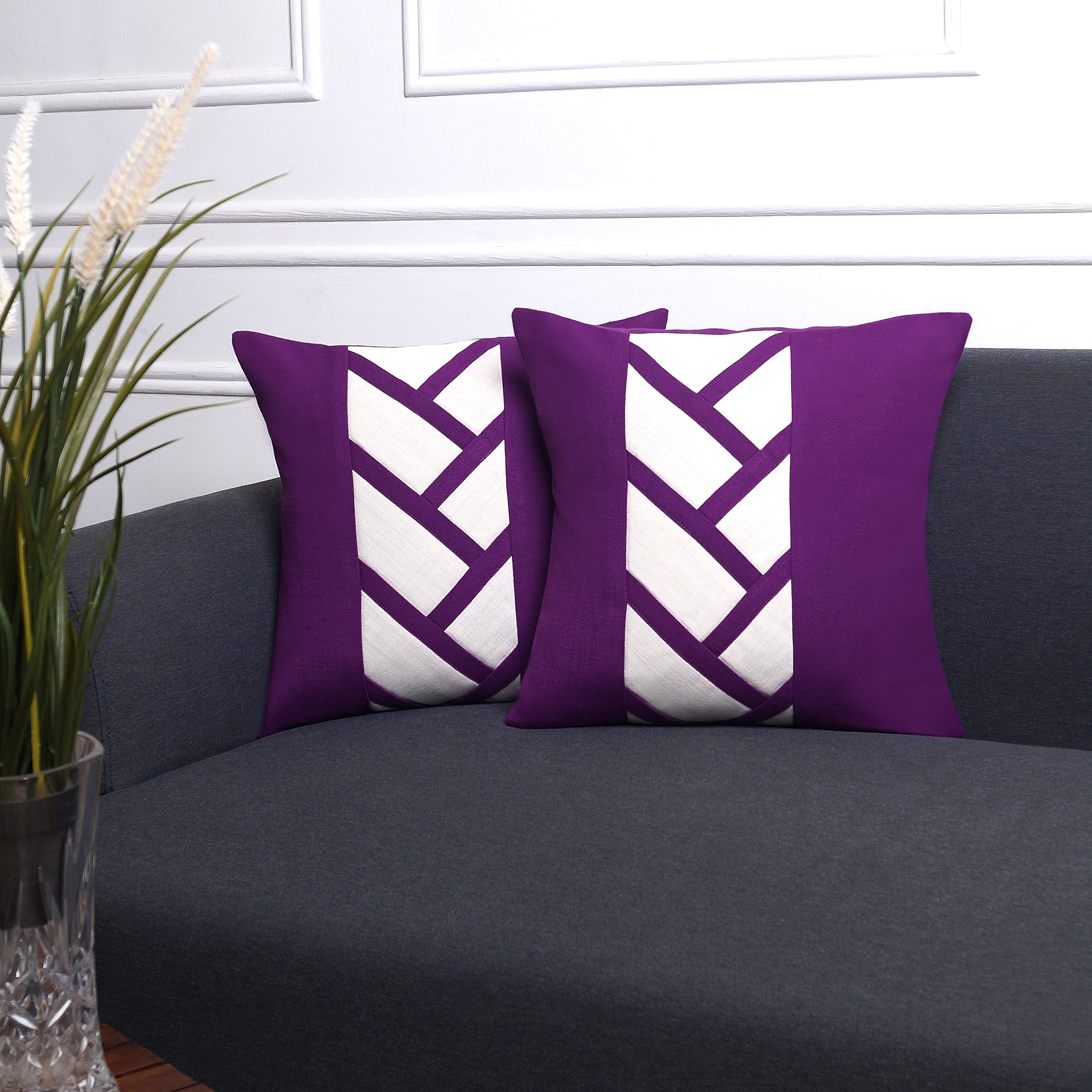 Crosshatch Pillow Cover - Purple and Ivory