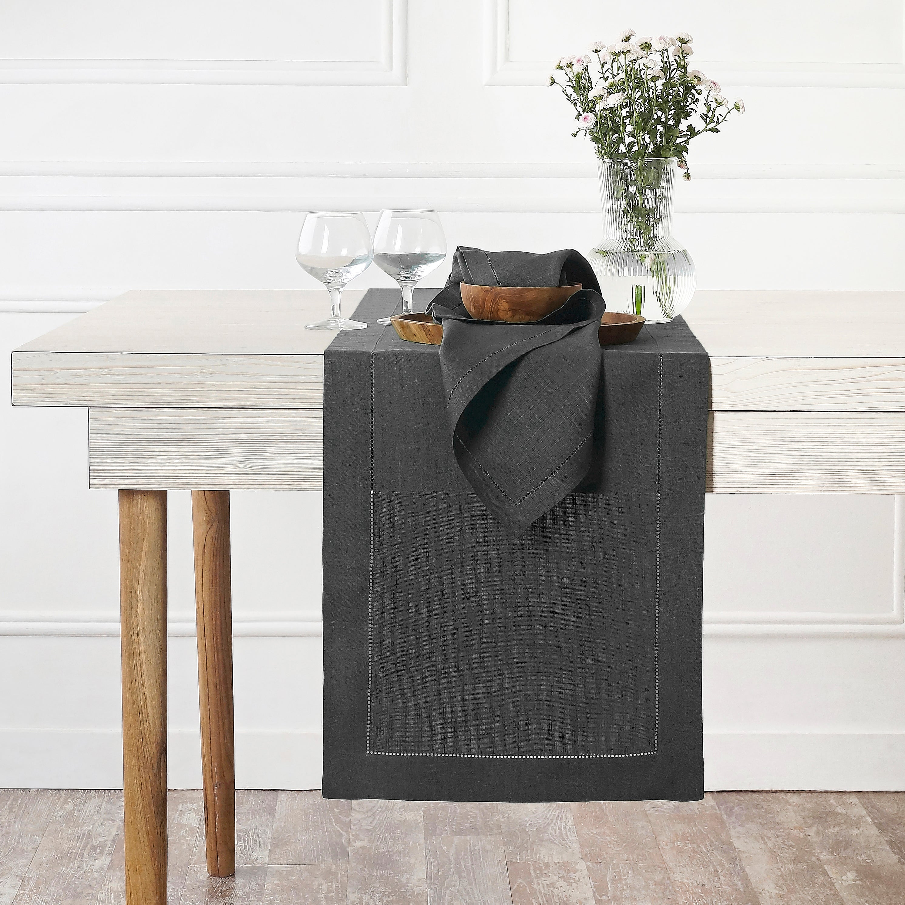 Charcoal Grey Linen Table Runner, Hemstitch