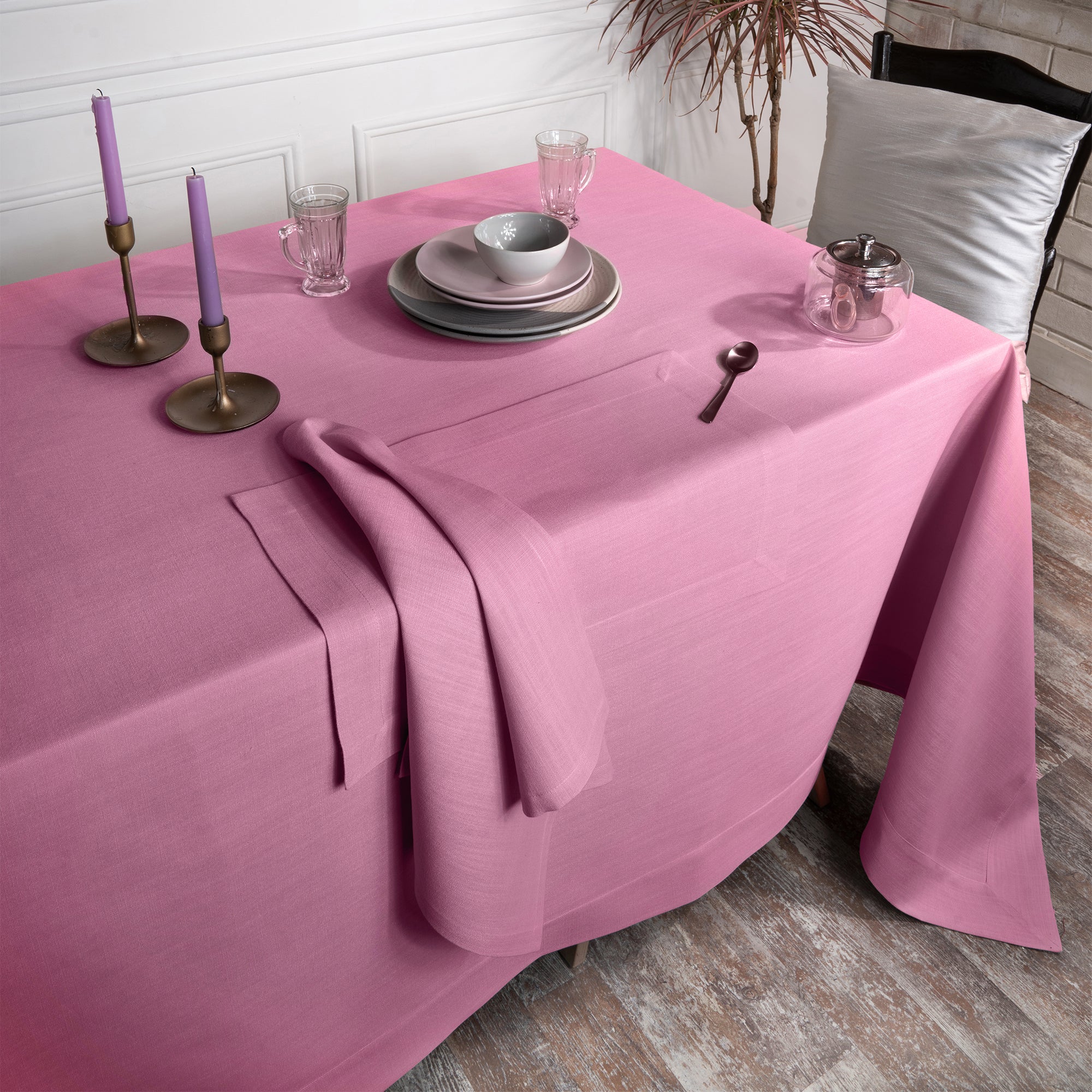 Bubblegum Pink Tablecloth, Faux Linen, Mitered Corner