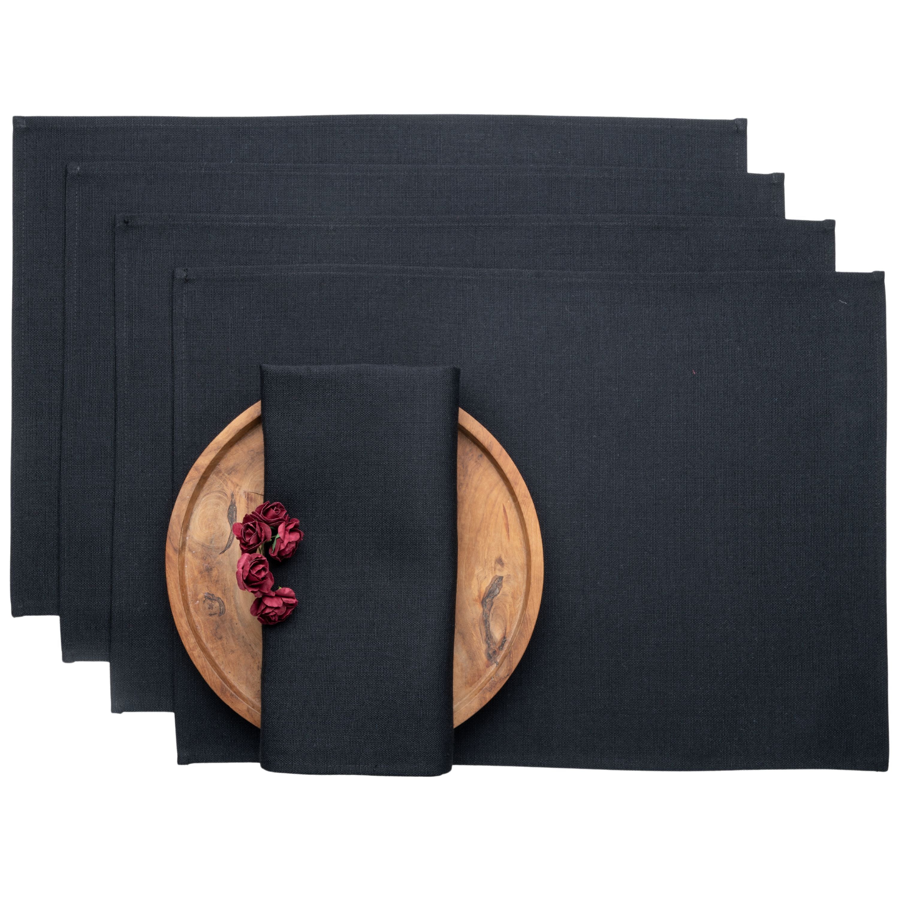 Black Faux Linen Placemats, Plain, 13 x 18 inch, 4 pcs