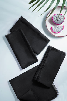 Black Linen Look Recycled Fabric Fringe Dinner Napkins
