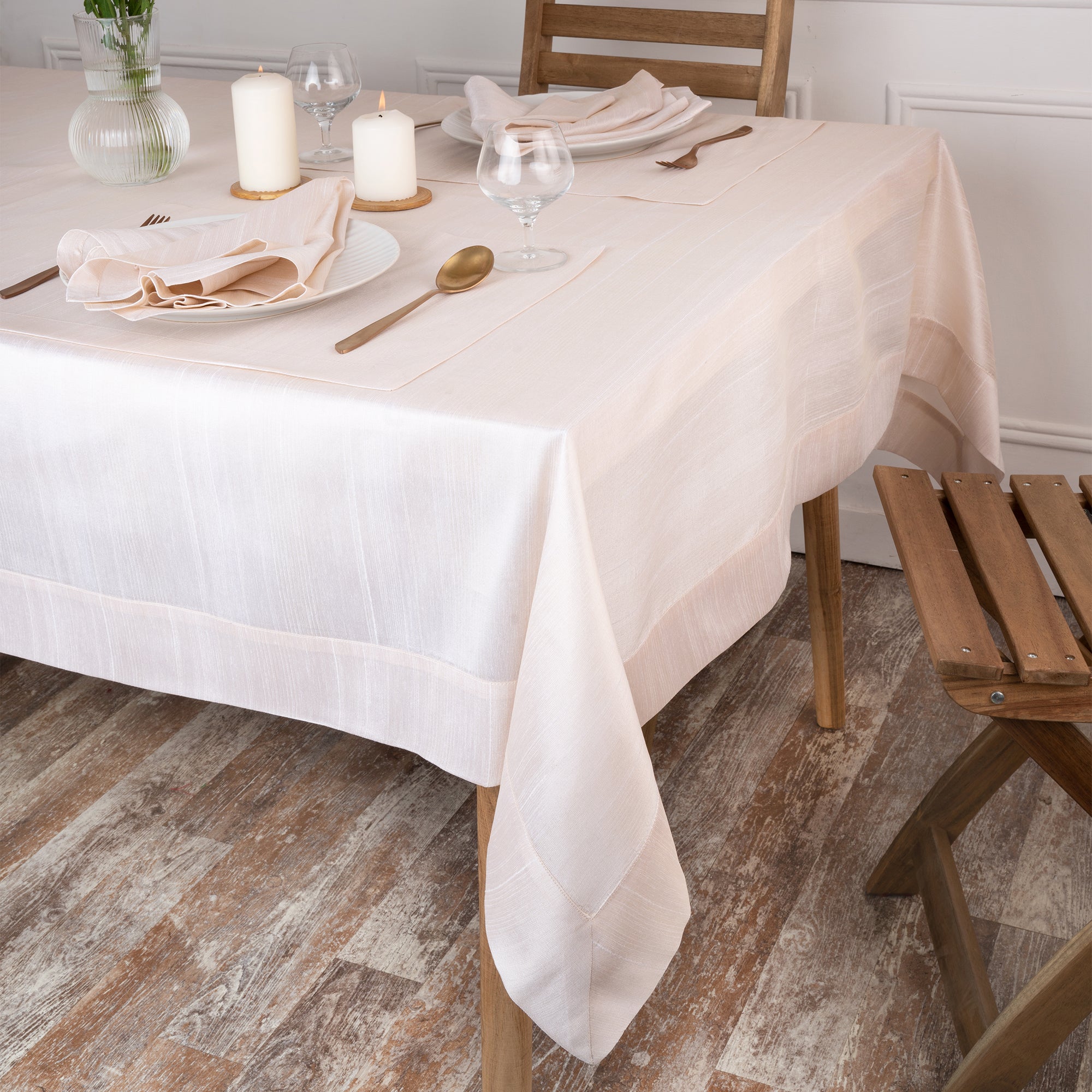 Light Natural Vegan Silk Tablecloth, Mitered Corner