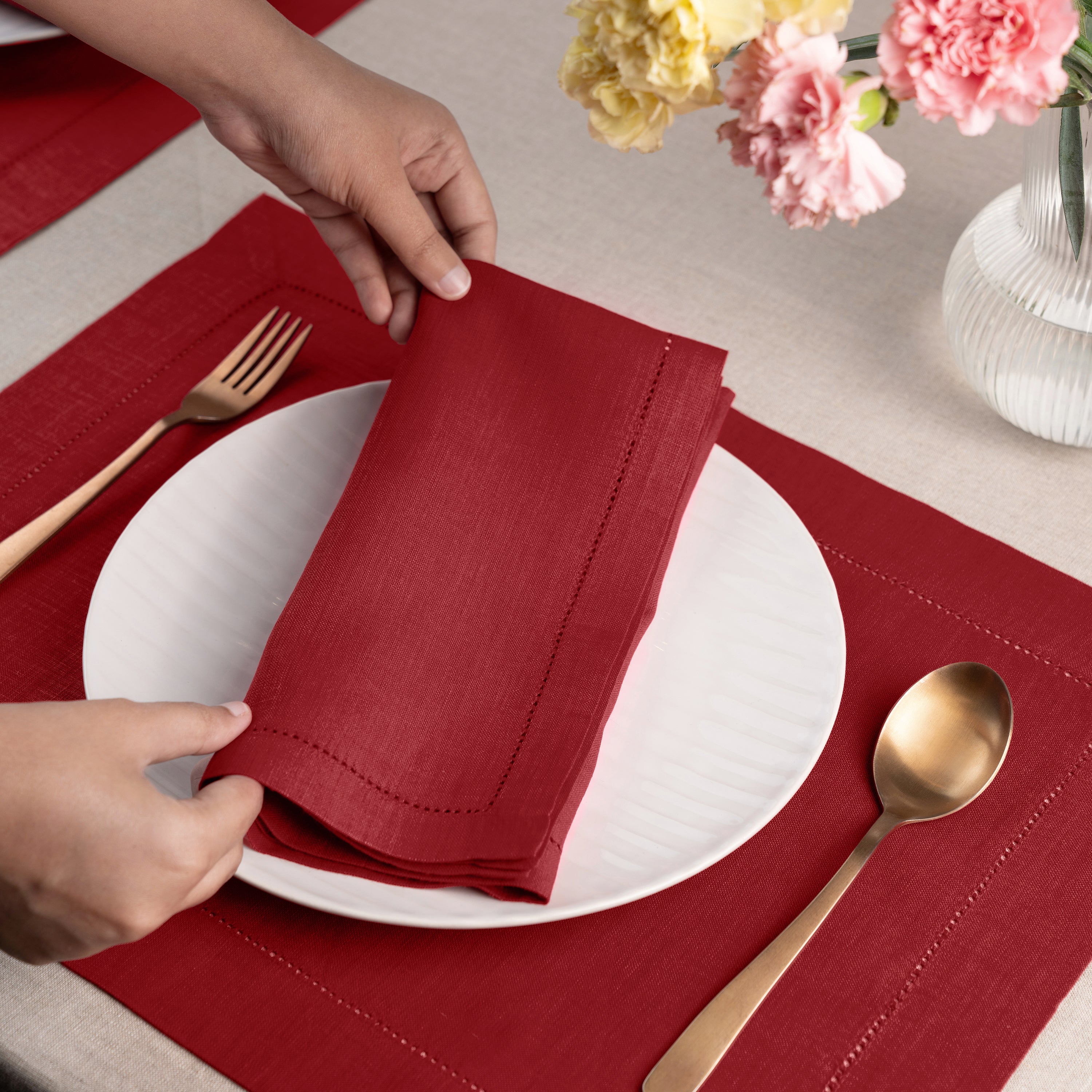 100% Pure Linen Hemstitch Dinner Napkins|Natural Fabric European Flax