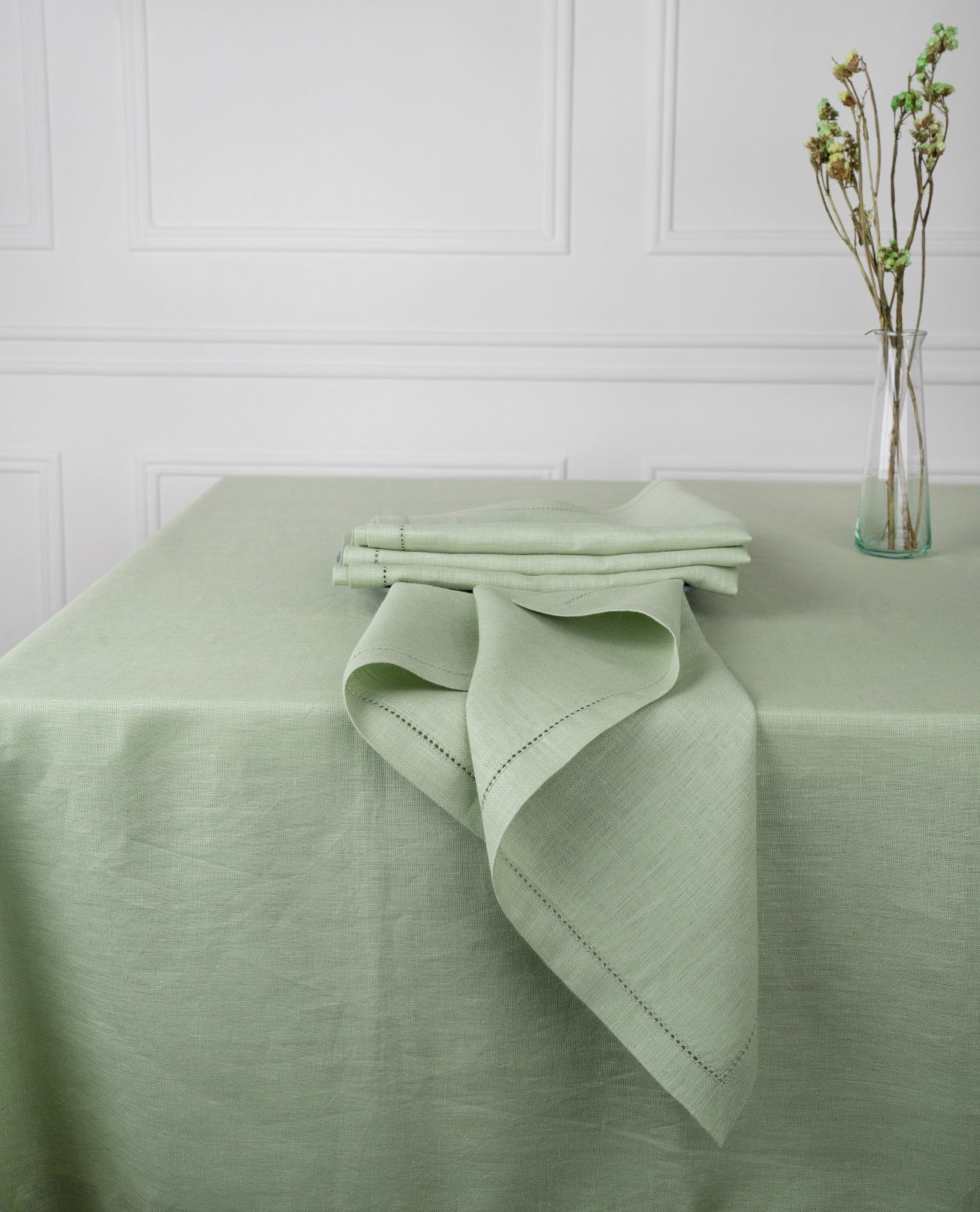 Sage Green Linen Tablecloth, Hemstitch