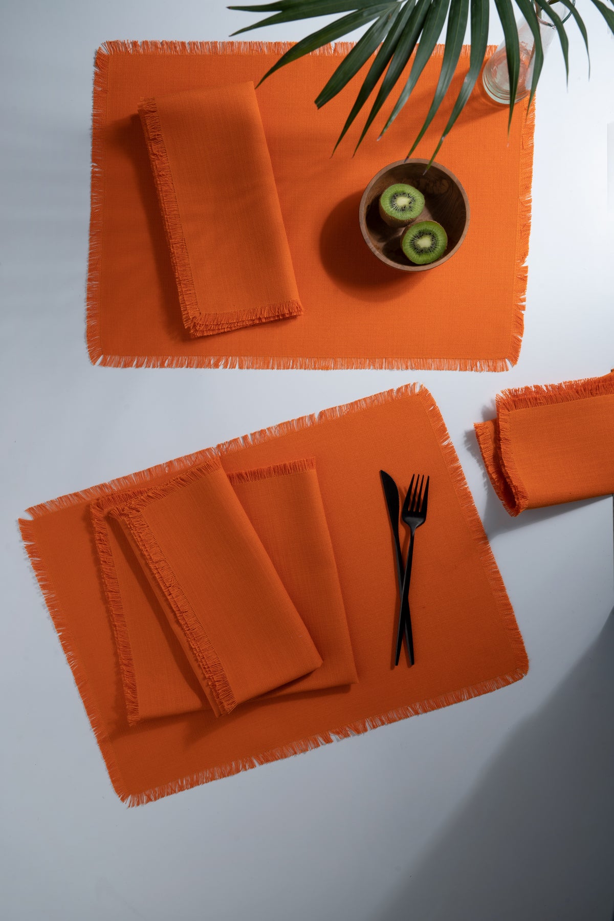 Orange Linen Textured Placemats 14 x 19 Inch Set of 4 - Fringe