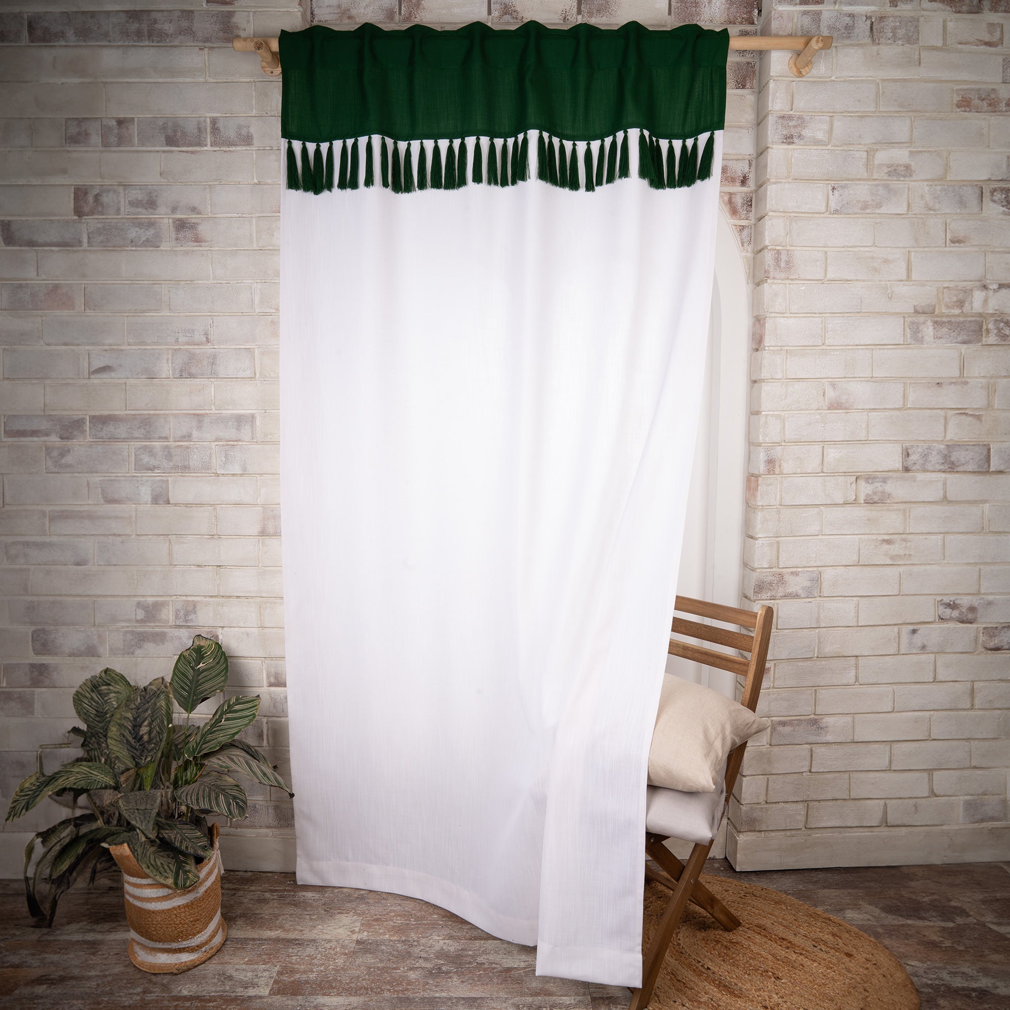 Forest Green and White Faux Linen Tassel Curtain